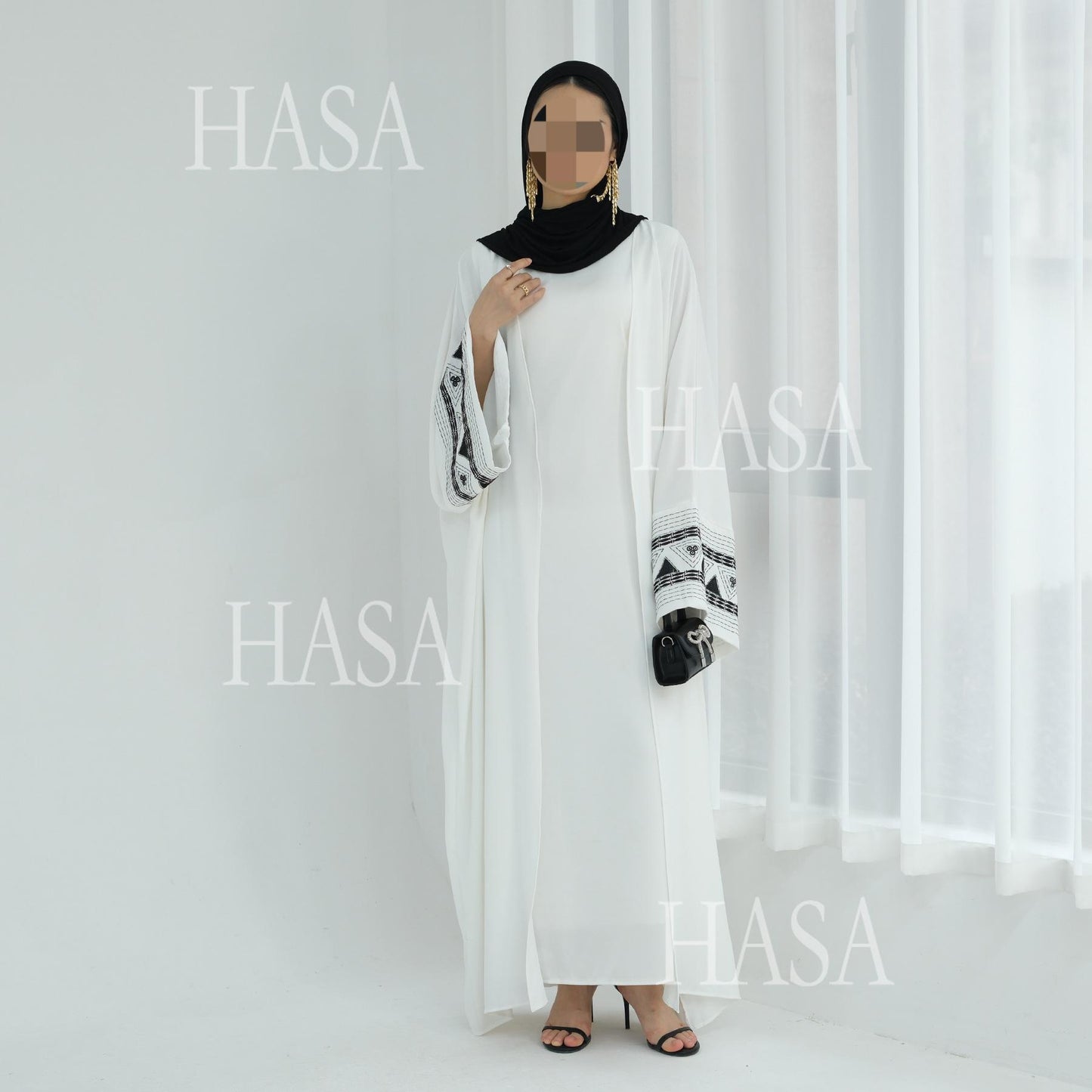 HASA's Series HS6506 Long Wide Sleeve Embroidered Robe Cardigan (No Headscarf)