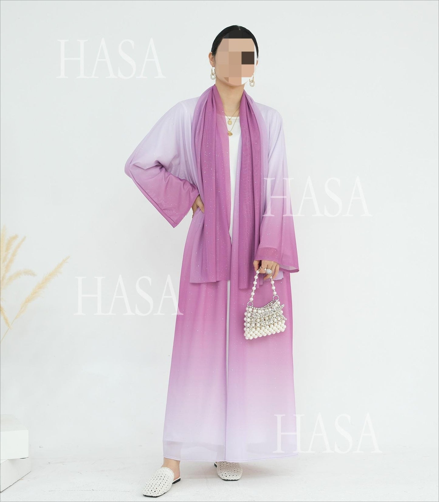 HS6617 Gradient Color Long Cardigan Two-Piece Set (Including Headscarf)