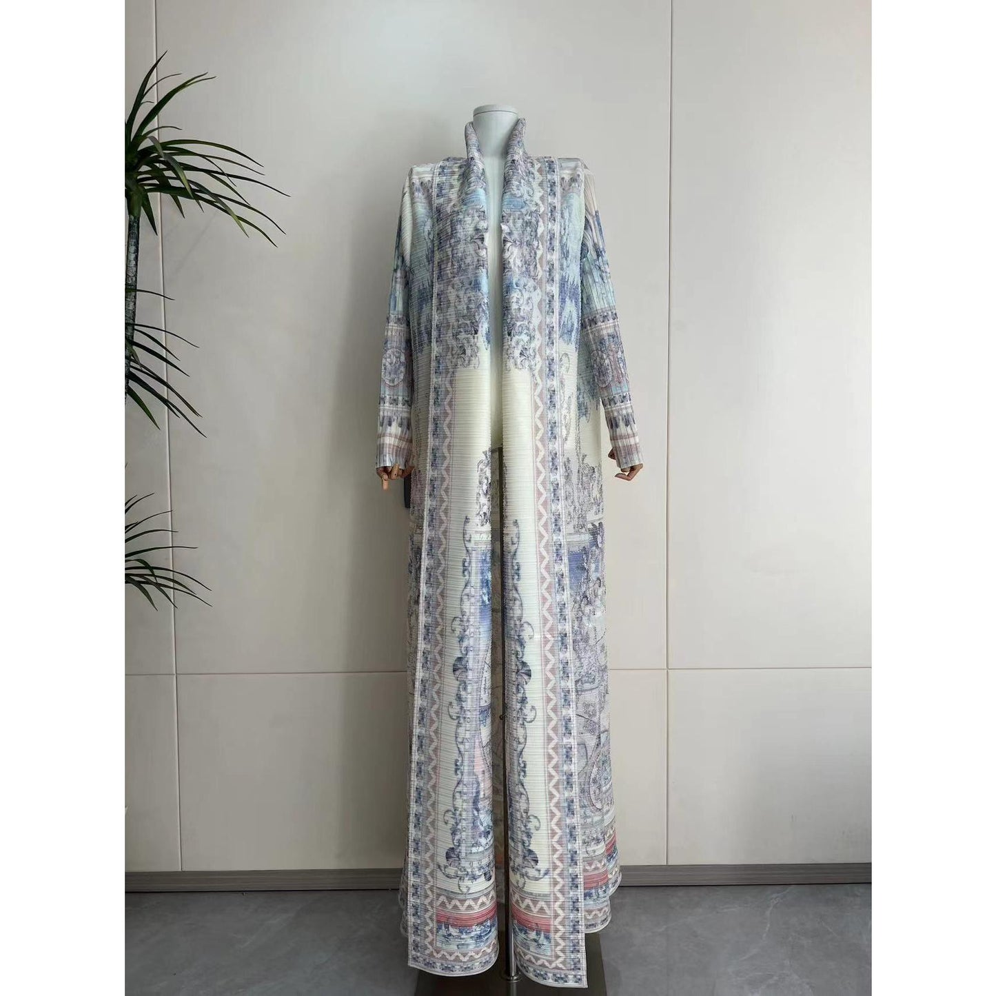 HS5840 Light-colored, All-over Print, Open-front Long Coat
