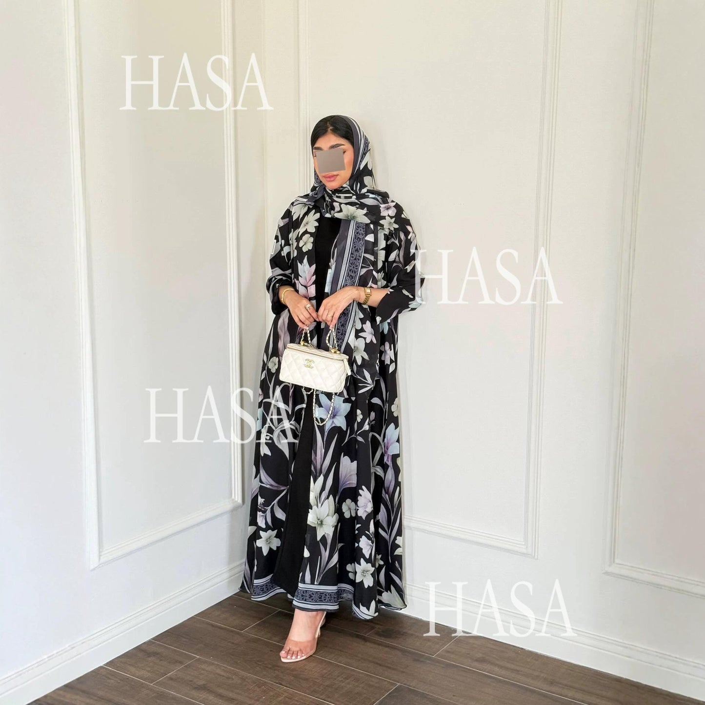 HASA HS6810 Luxury Floral Open Front Abaya Set