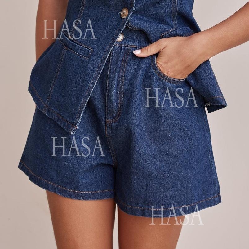 HASA HS6097 Women’s Button Front Denim Top with Matching Shorts