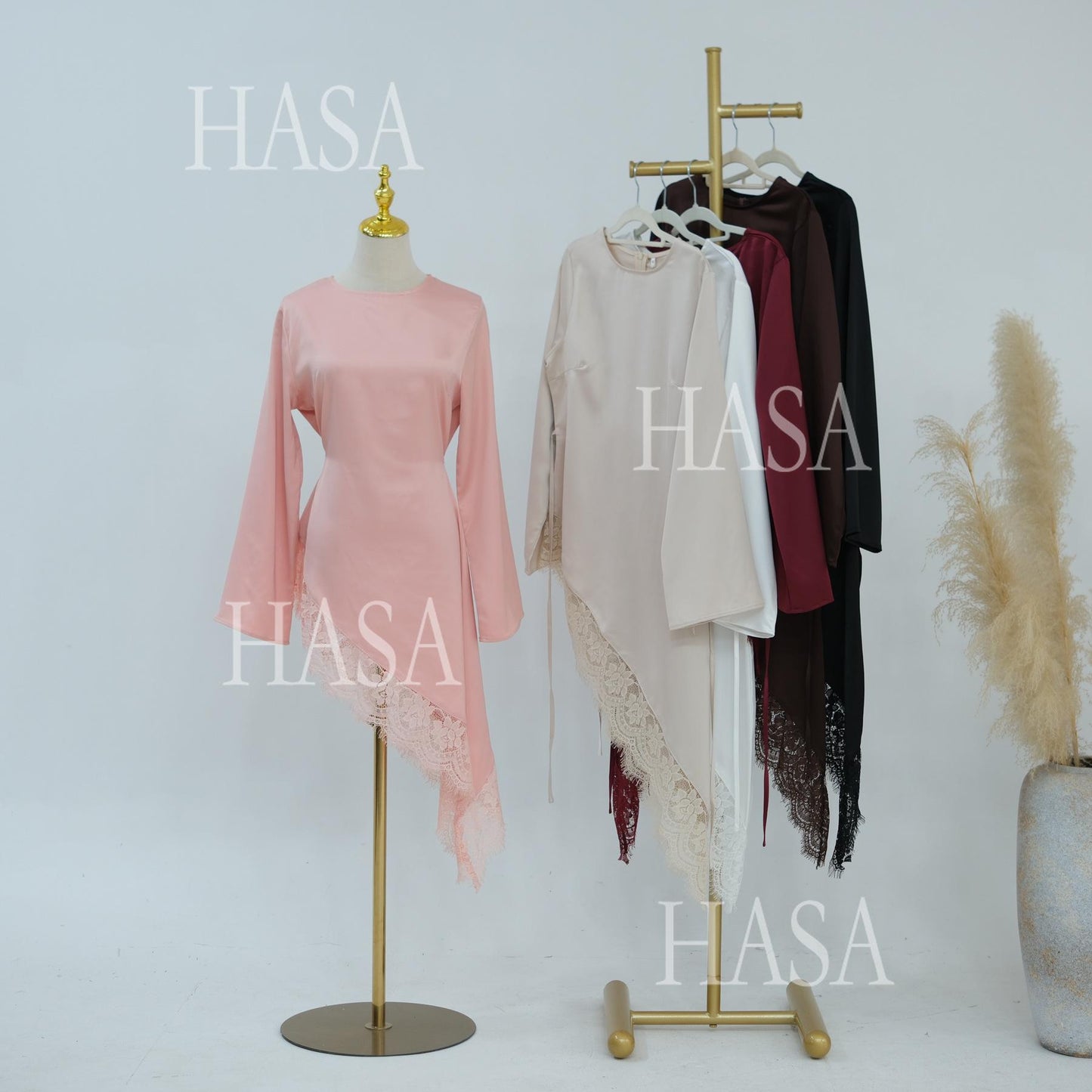 HASA HS6784 Soft Luxury Asymmetric Modest Top with Lace Detail