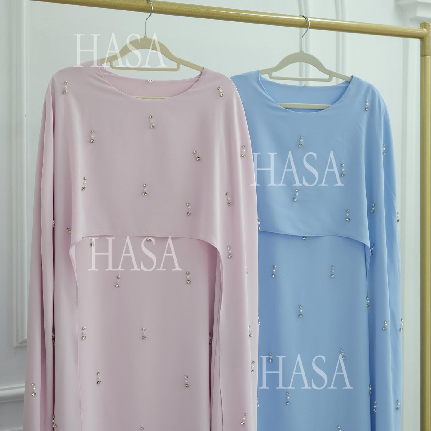 HS6505 Solid color beaded long dress with fake two-piece design