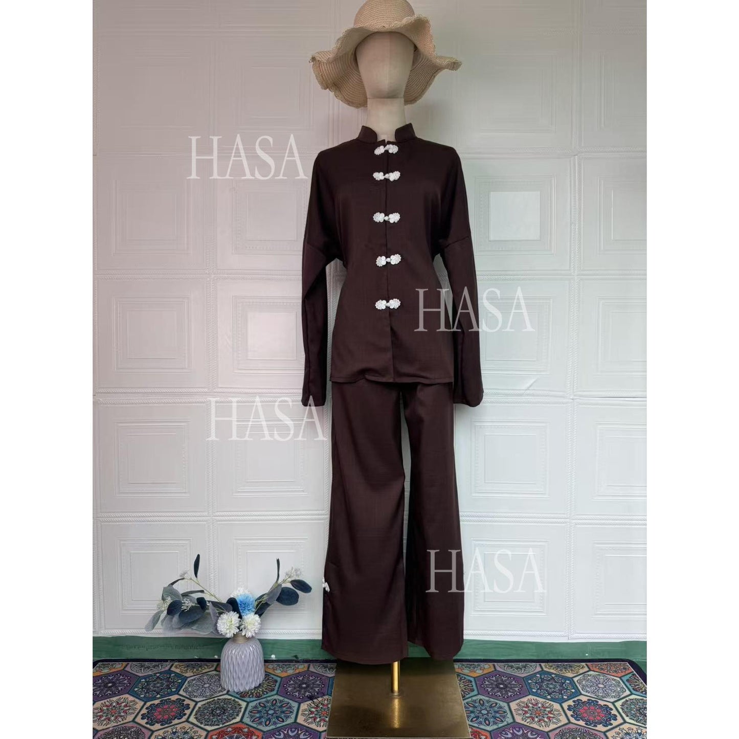 HS6738 Chic Long Sleeve Matching Set with Flowy Pants