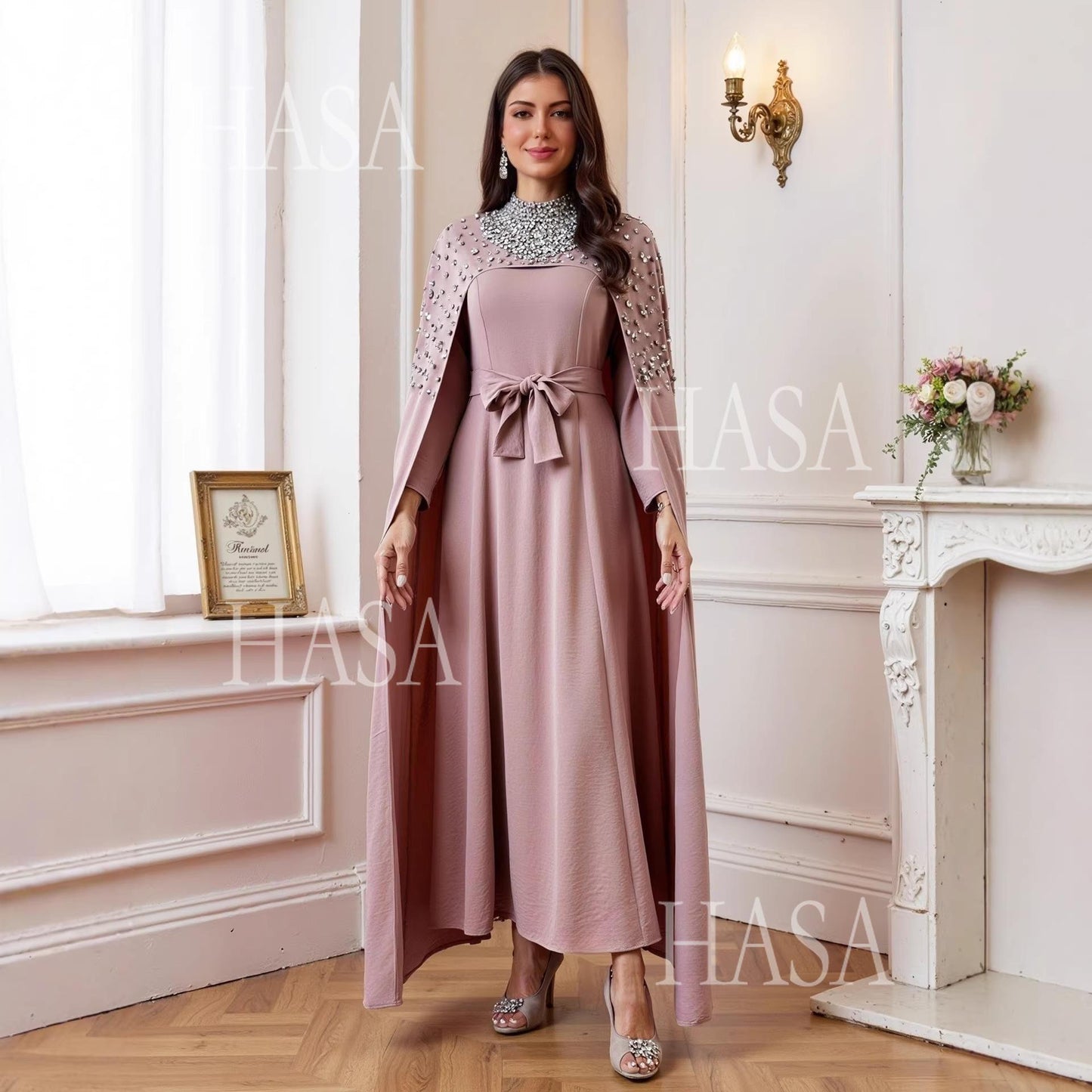 HASA HS6764 Elegant Waist Tie Formal Maxi Dress