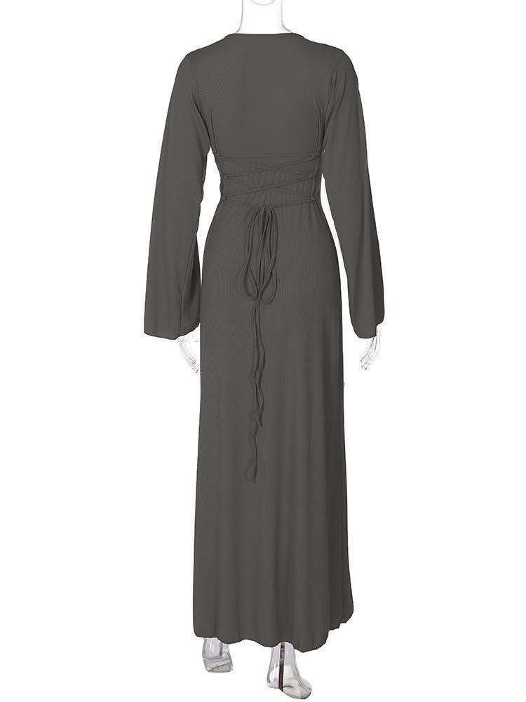 HASASERIES HS0676 Flared Long Sleeved High Waist Maxi Skirt with Lace-up Back