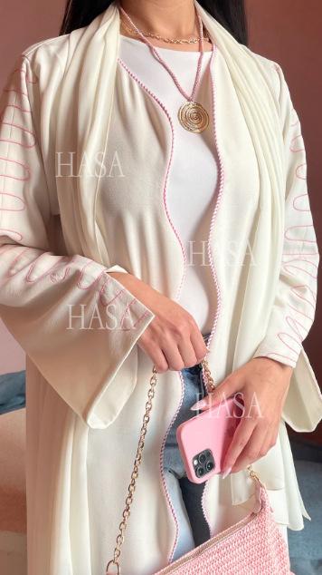 HASA's Series HS6582 Abaya Women's Long Embroidered Cardigan Jacket with Wavy Edges