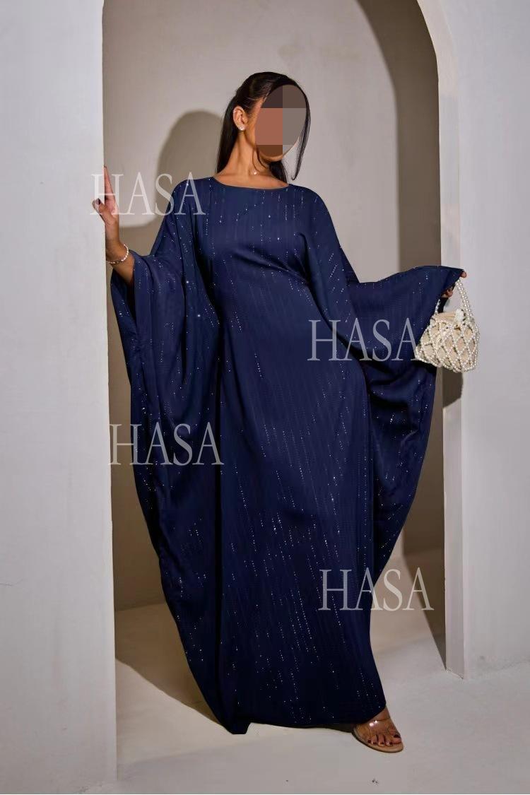 HS6483 Drape Rhinestone Gown with Simple Wide Sleeves