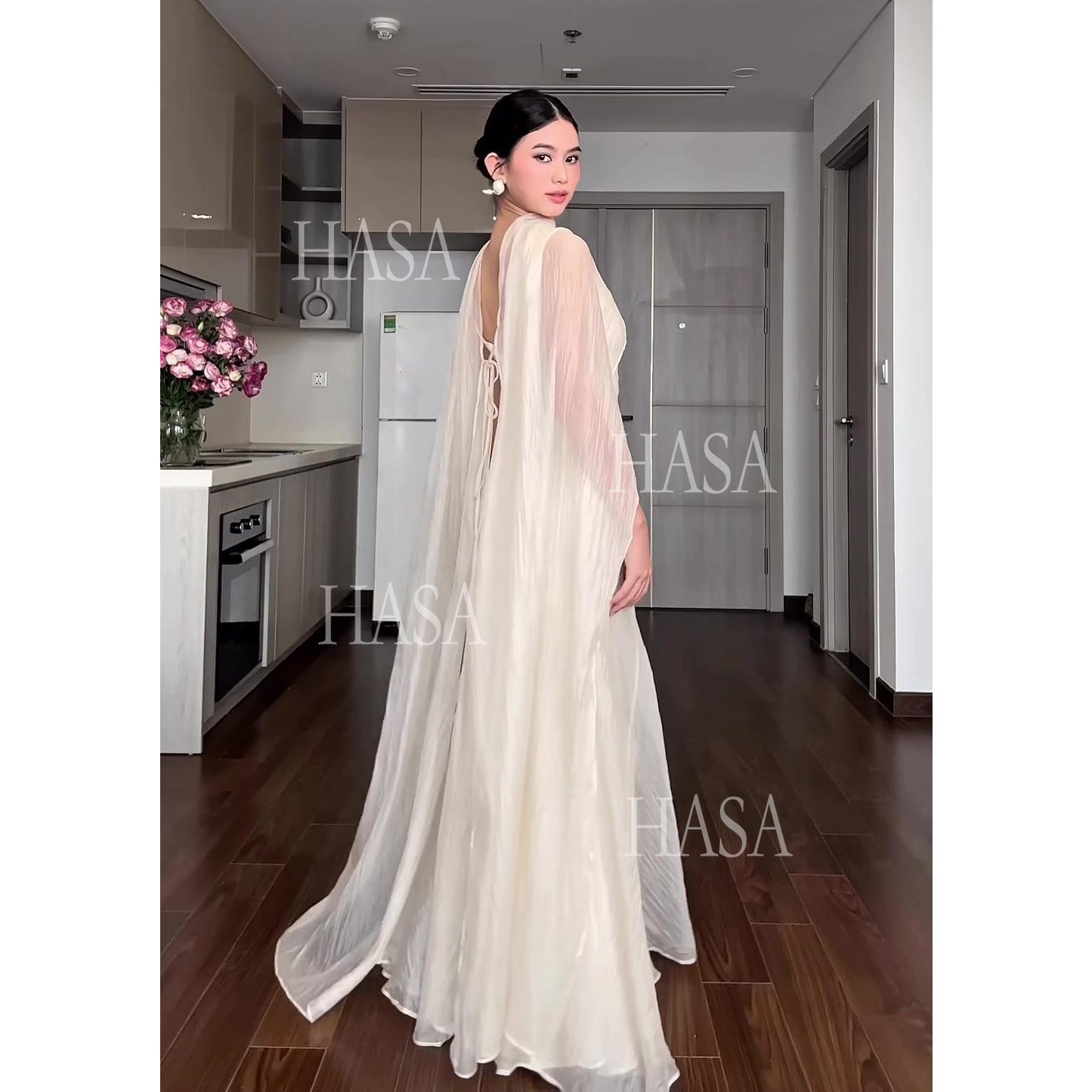 HS6742 Luxury High Neck Cape Dress Flowy Floor-Length Evening Maxi Gown