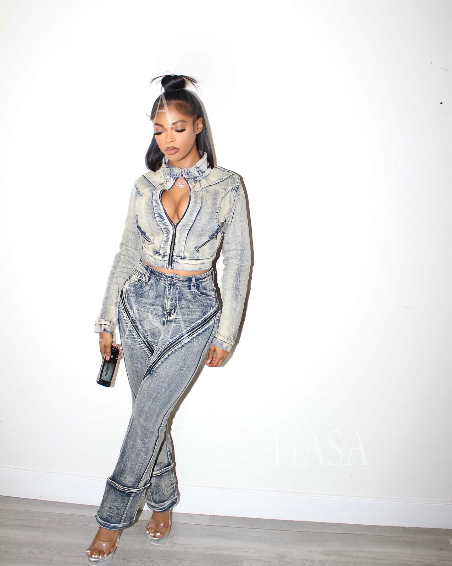 HASA HS6291 Statement Washed Denim Two Piece Outfit with Zip Jacket Detail