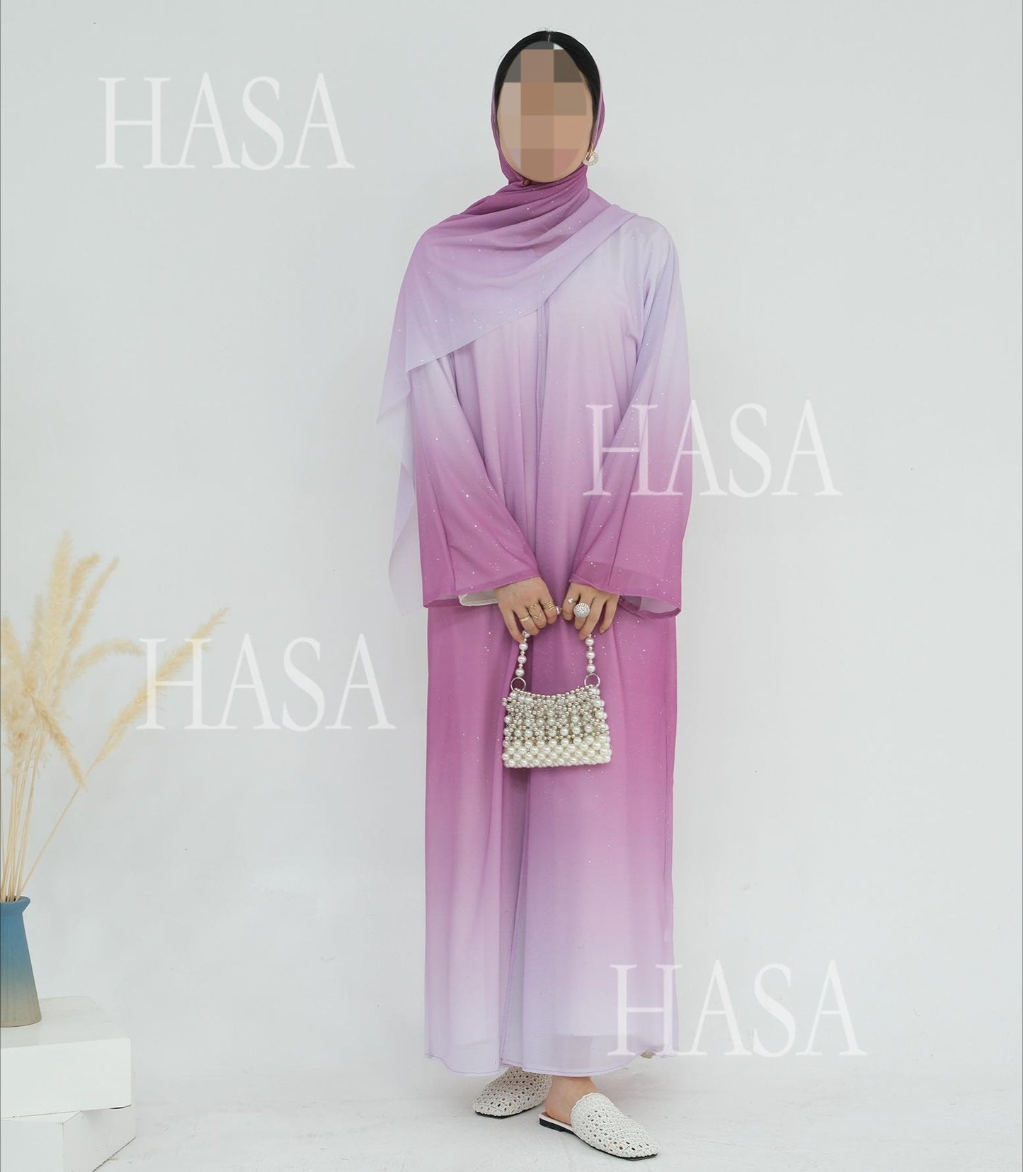 HS6617 Gradient Color Long Cardigan Two-Piece Set (Including Headscarf)