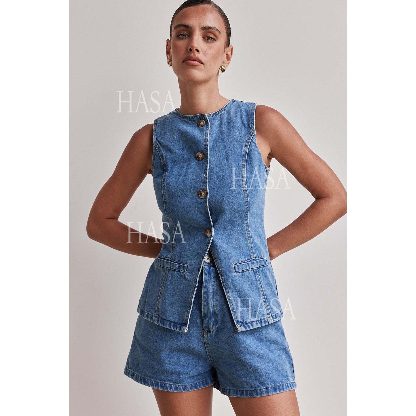 HASA HS6097 Women’s Button Front Denim Top with Matching Shorts