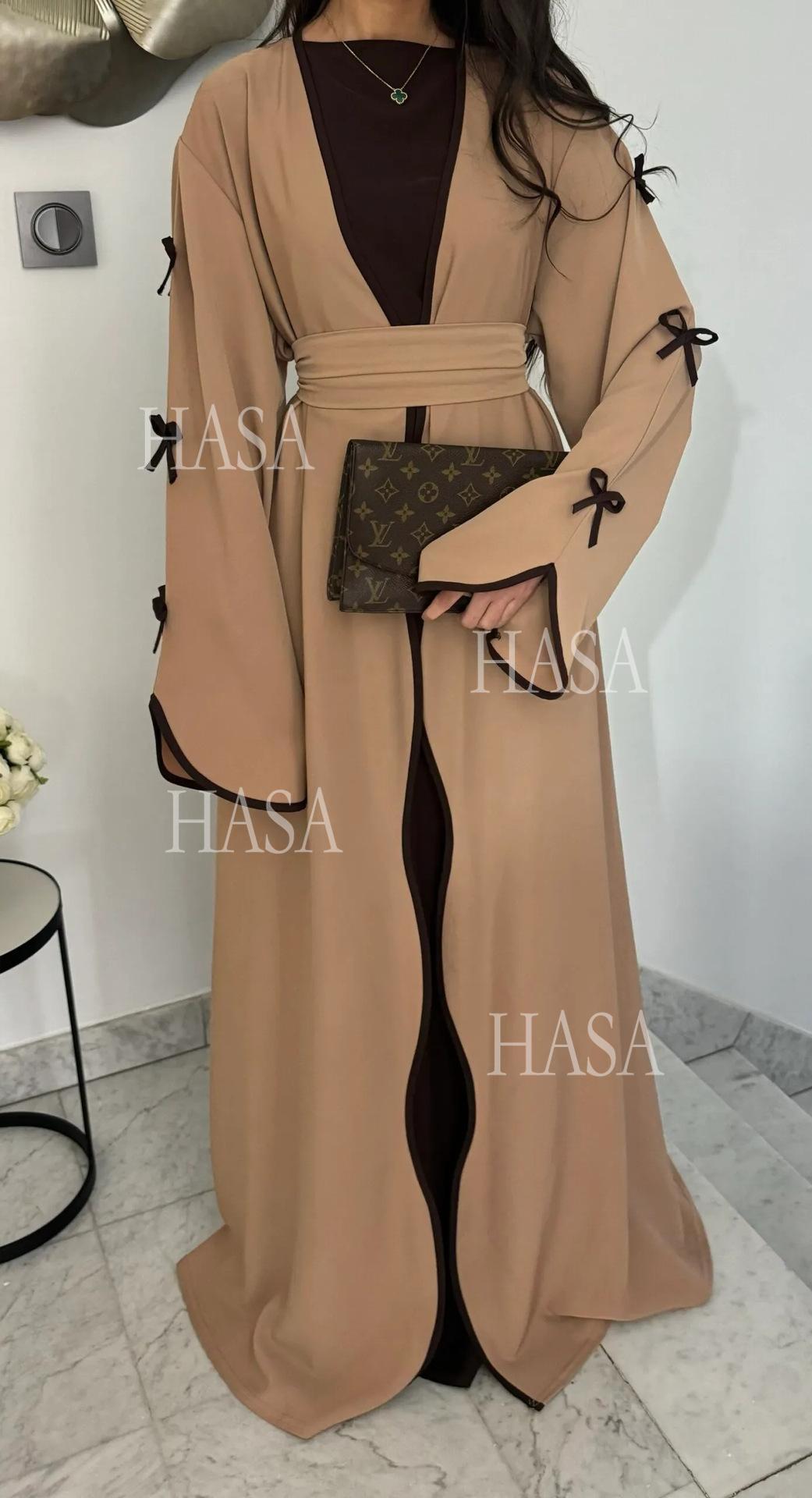 HS5883  A Two-piece Robe and Skirt Set with A Soft Bow and A Belt Design open abaya outfit