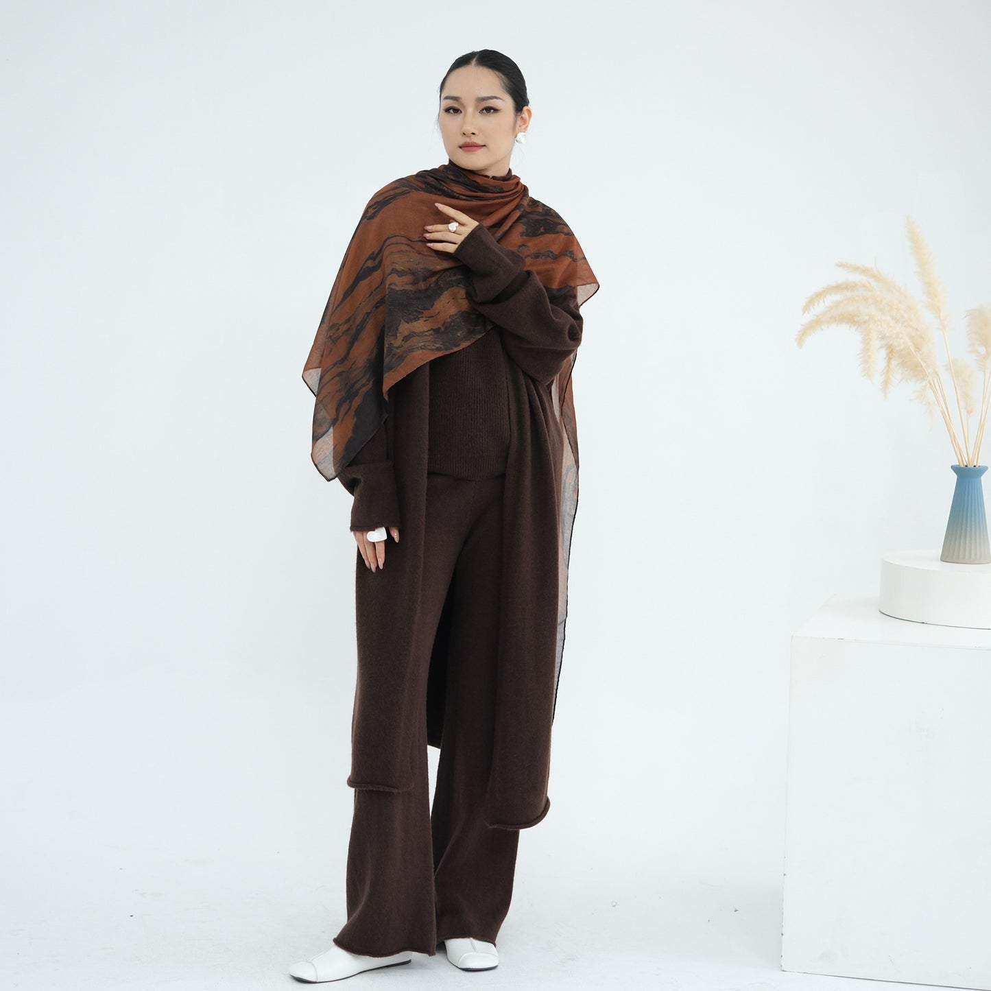 HS6603 Thickened knitted three-piece long coat set (with optional headscarf)