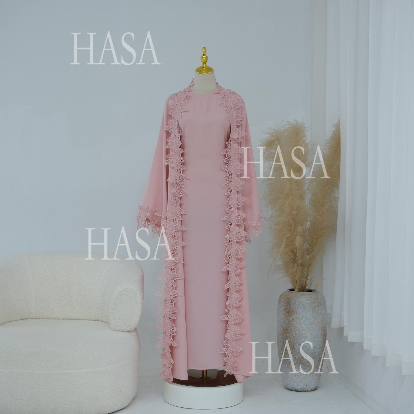 HASA HS6780 Chic Floral Embroidered Open Abaya Two Piece Outfit