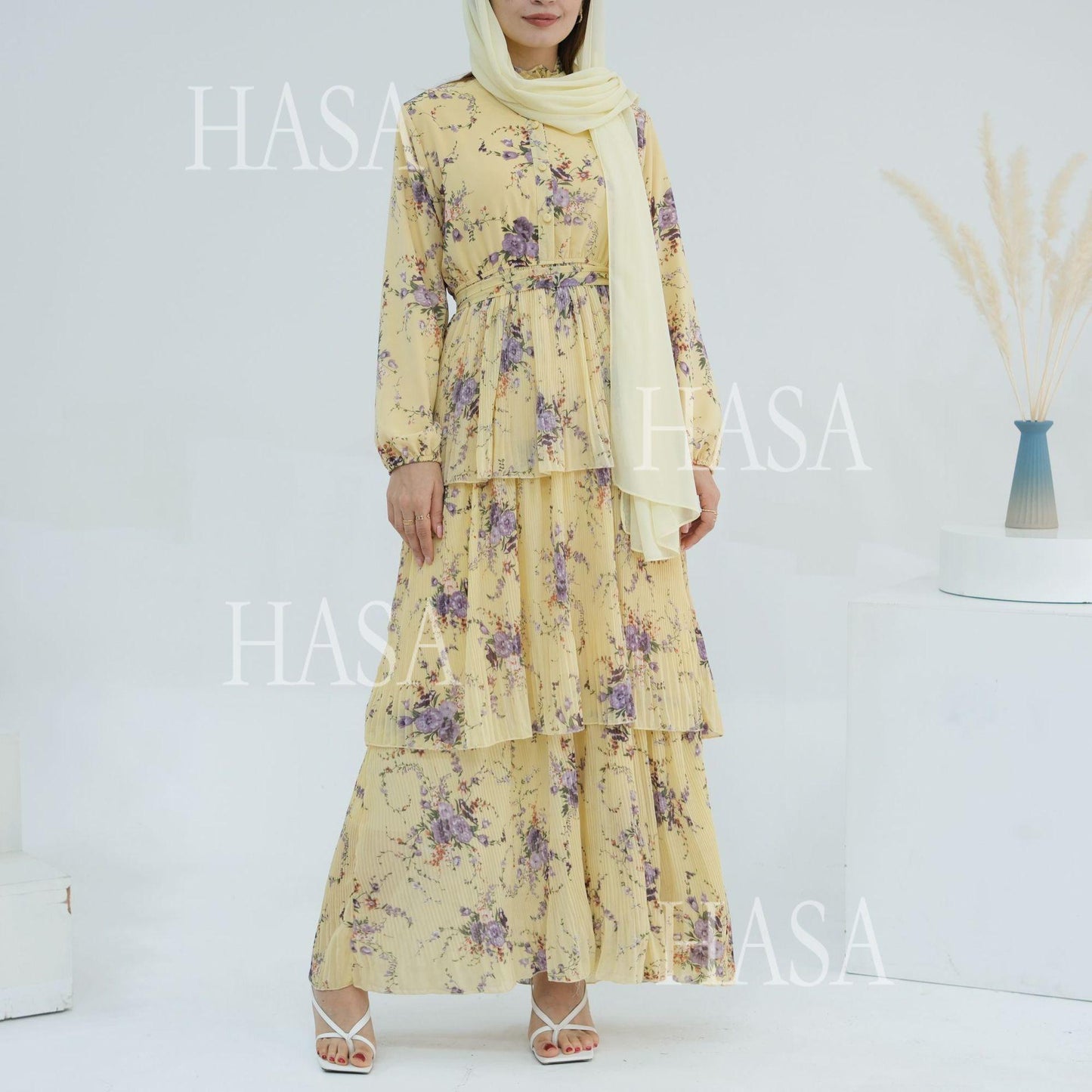HS6500  Romantic Layered Print Long Dress