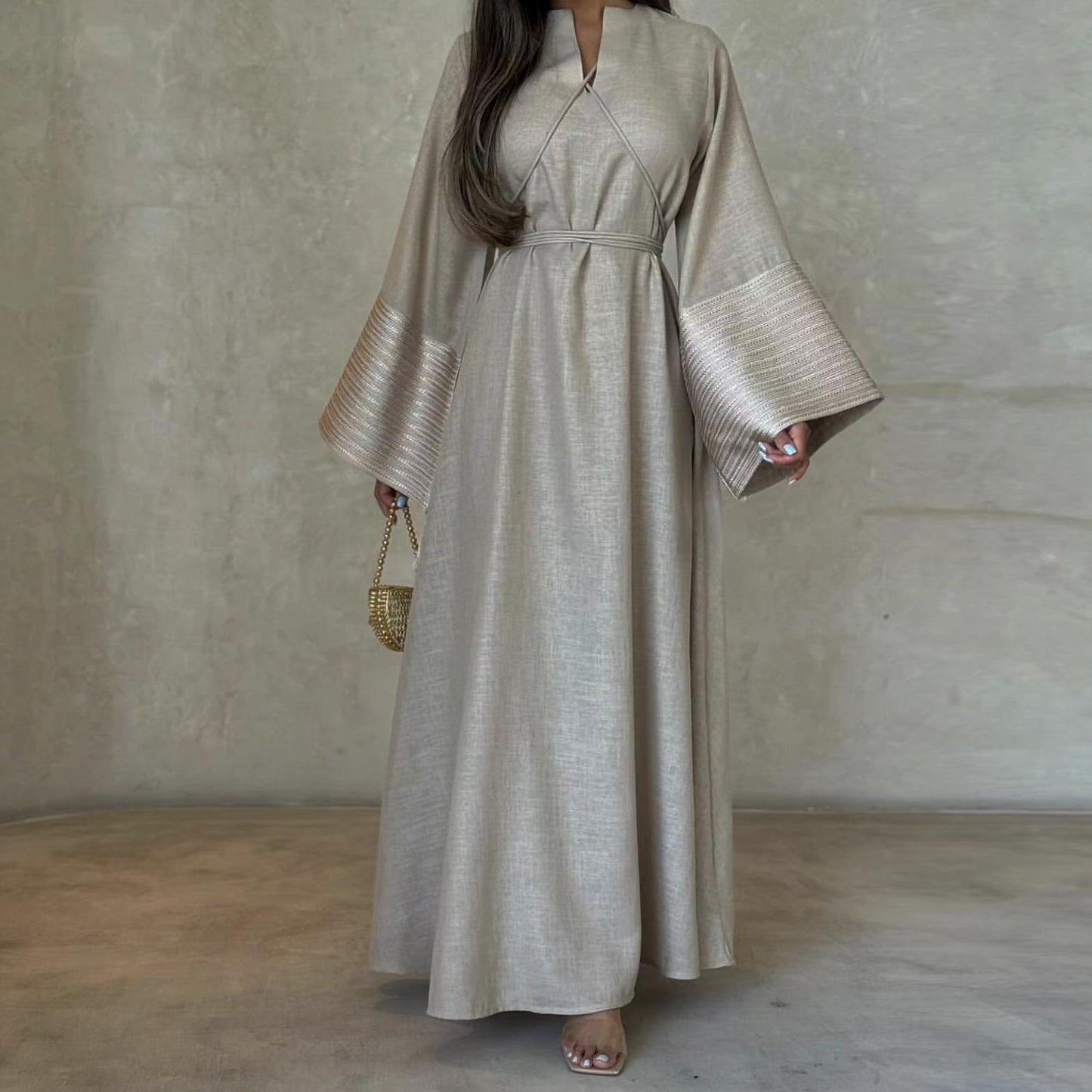 HS6490 Embroidered Panel Sleeve Long Dress