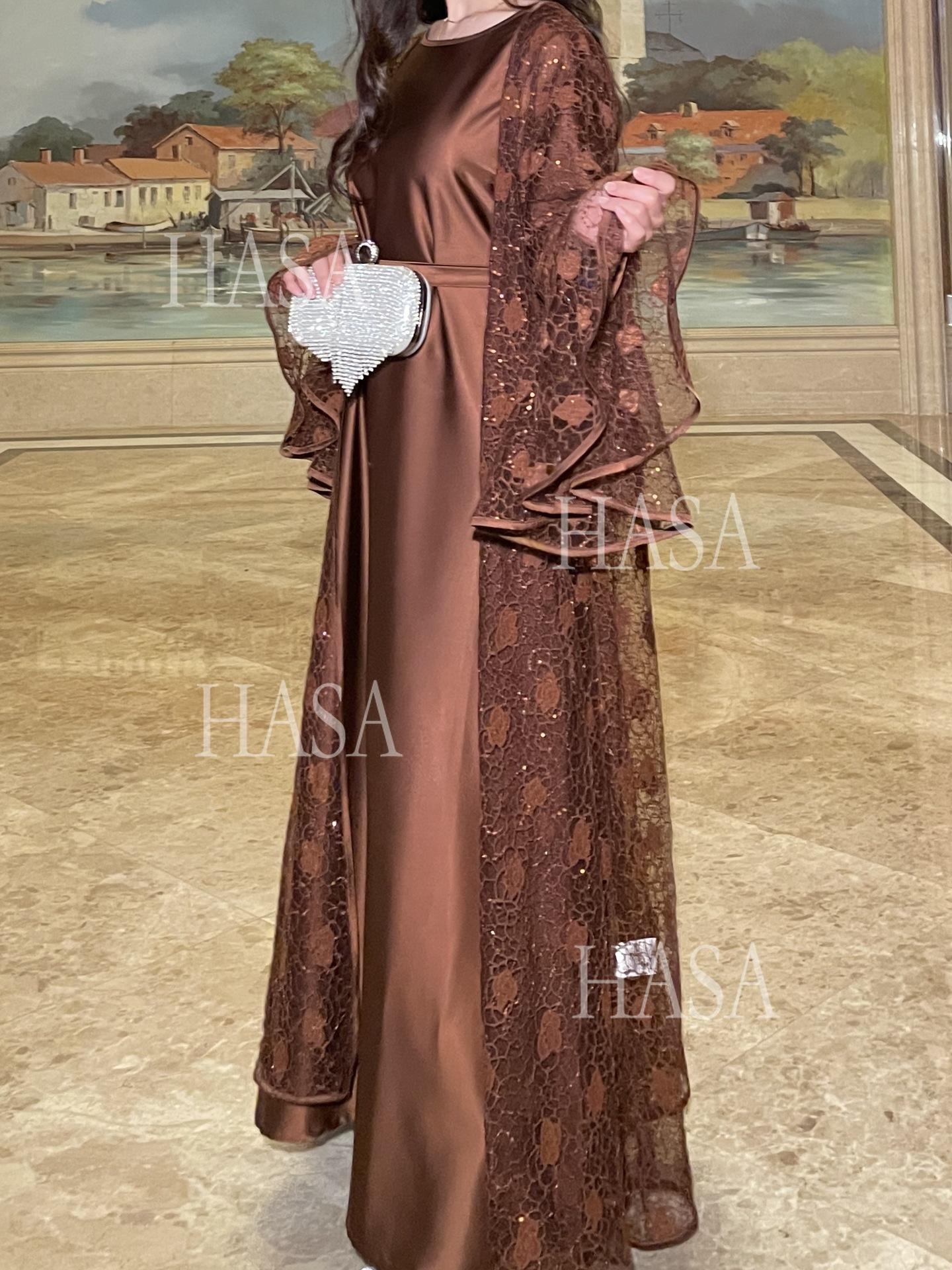 HS6488 Two-piece long dress with flared sleeves and lace sequined cape