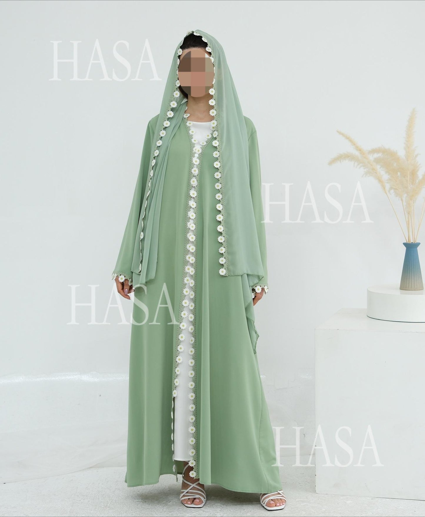 HS6616 Green Flower Stitching Cardigan Two-Piece Set (Including Headscarf)