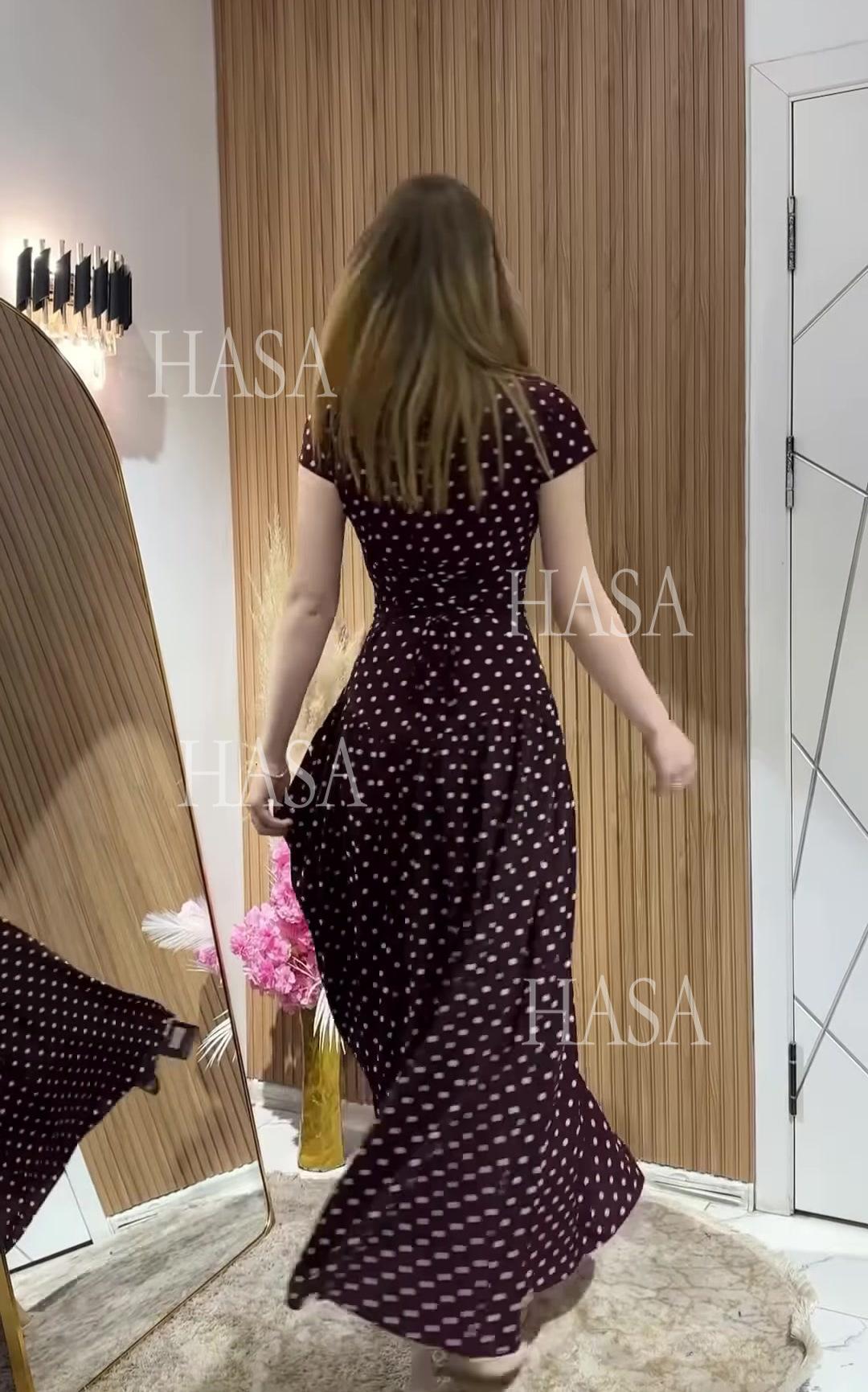 HS6740 Chic Polka Dot Long Dress High Neck Short Sleeve Waisted Maxi Dress