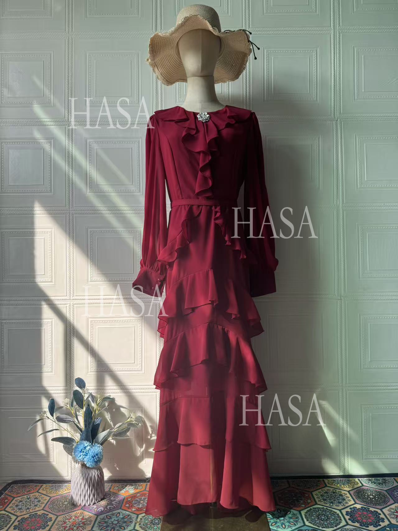 HS6733 Flowy Elegant Maxi Dress with Cascading Ruffles