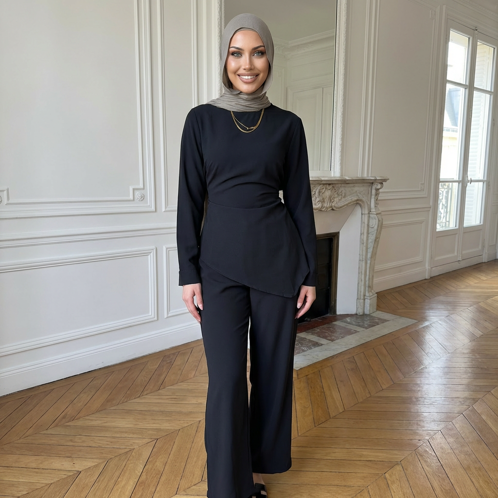 HS6614 Modest Nida Two-Piece Set with Waist Tie & Pocket Trousers