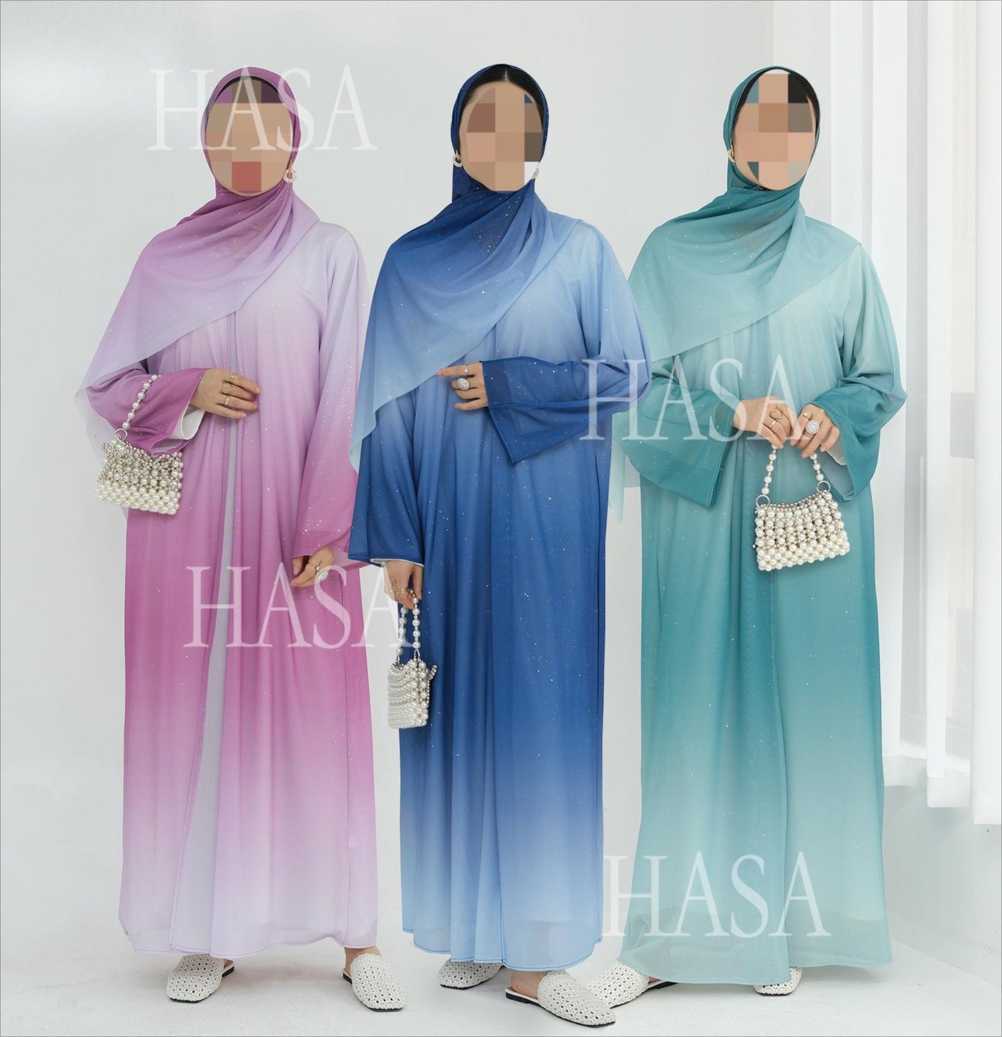 HS6617 Gradient Color Long Cardigan Two-Piece Set (Including Headscarf)