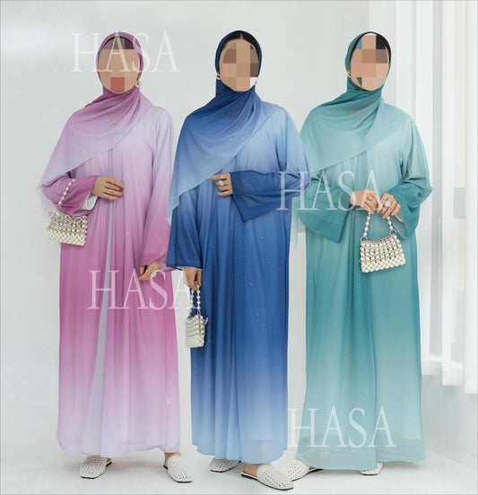 HS6617 Gradient Color Long Cardigan Two-Piece Set (Including Headscarf)