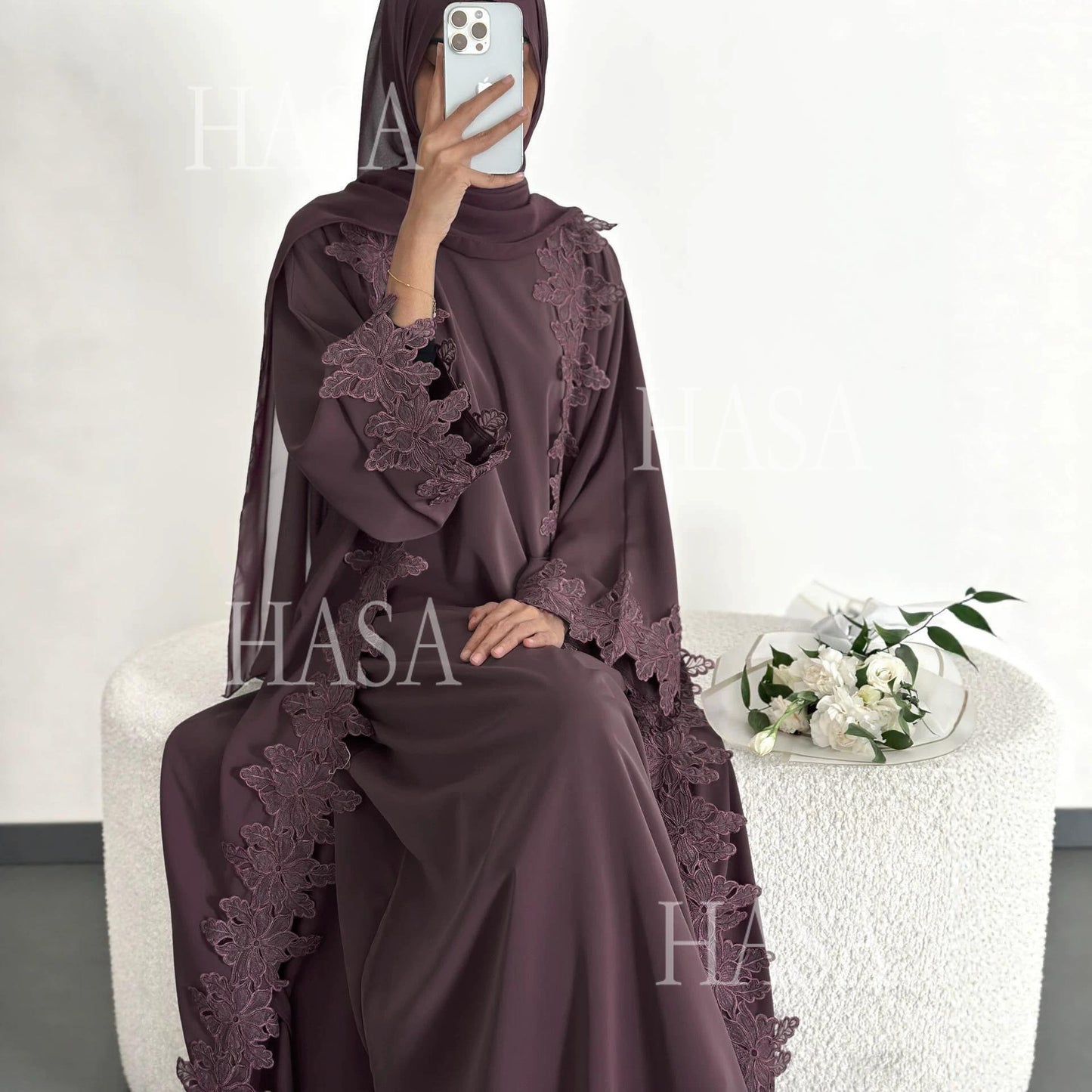 HASA HS6780 Chic Floral Embroidered Open Abaya Two Piece Outfit
