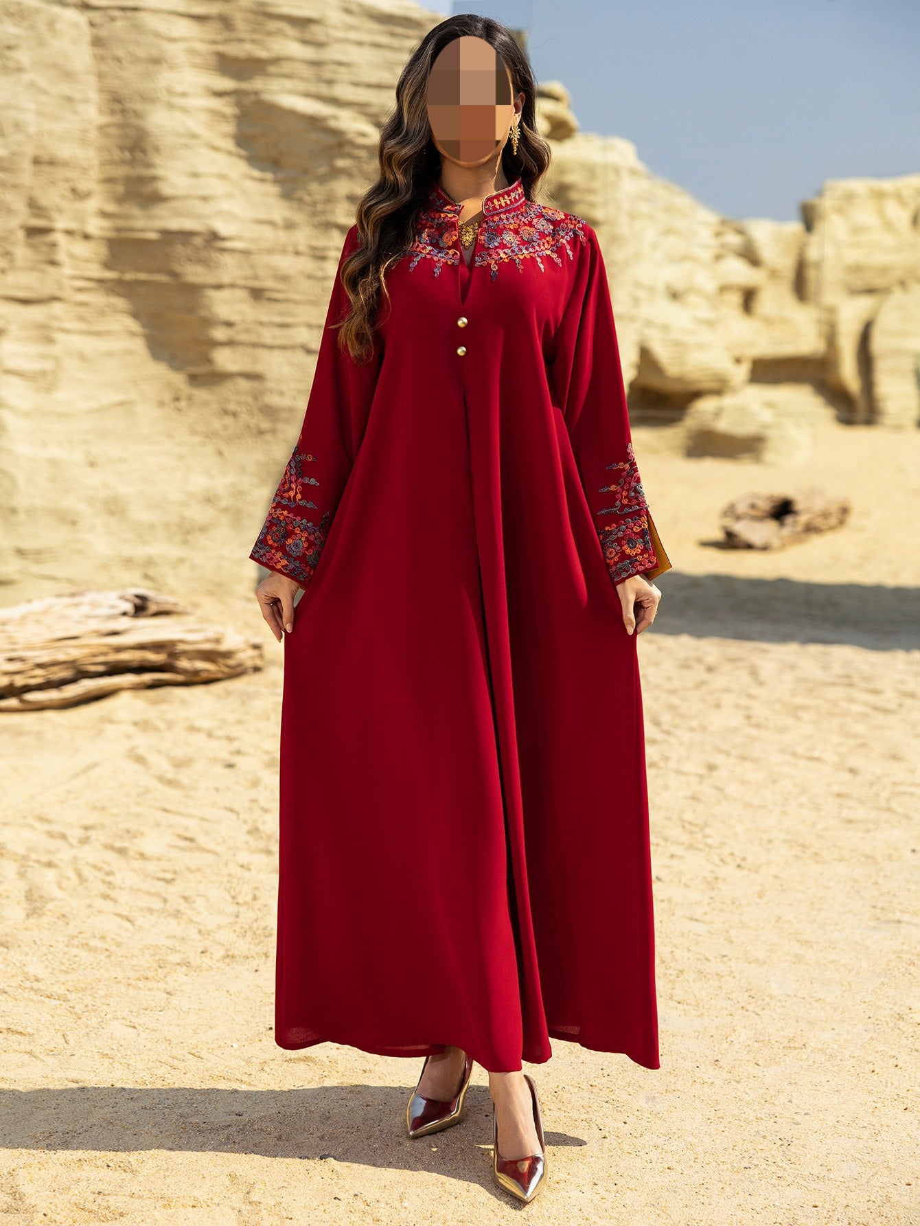 HS6655 Embroidered loose-fitting long dress | Soft drape and delicate cuff design