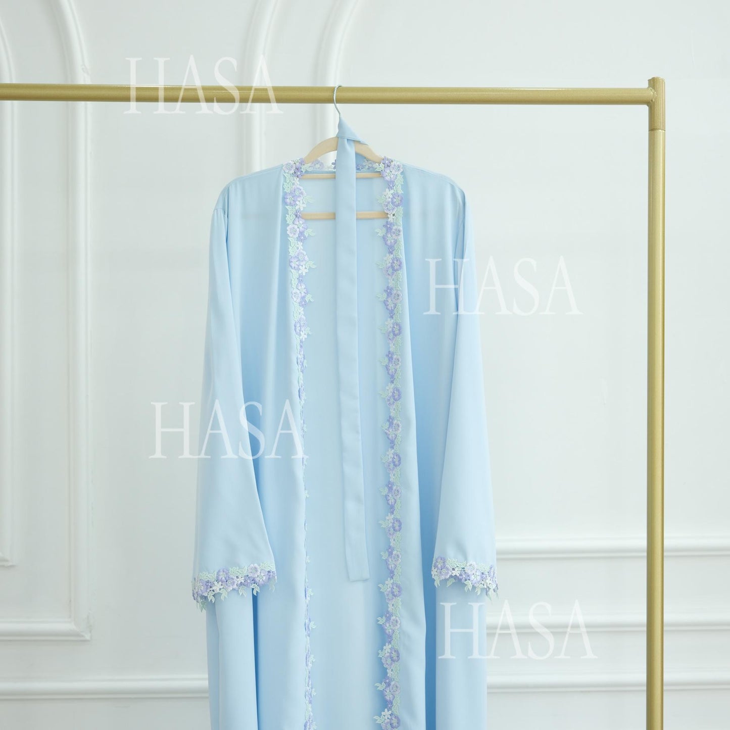 HS6562 Blue Bow Embroidered Abaya Tunic Cardigan