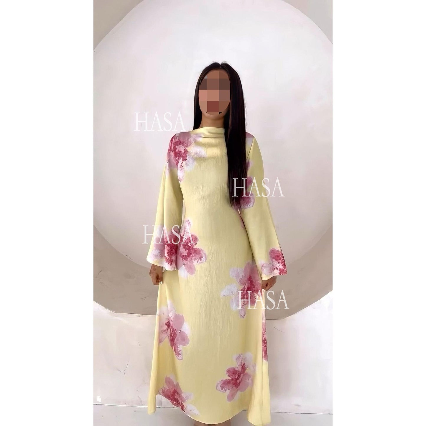 HS6503 Long-sleeved Waist-length Printed Dress (one Piece)