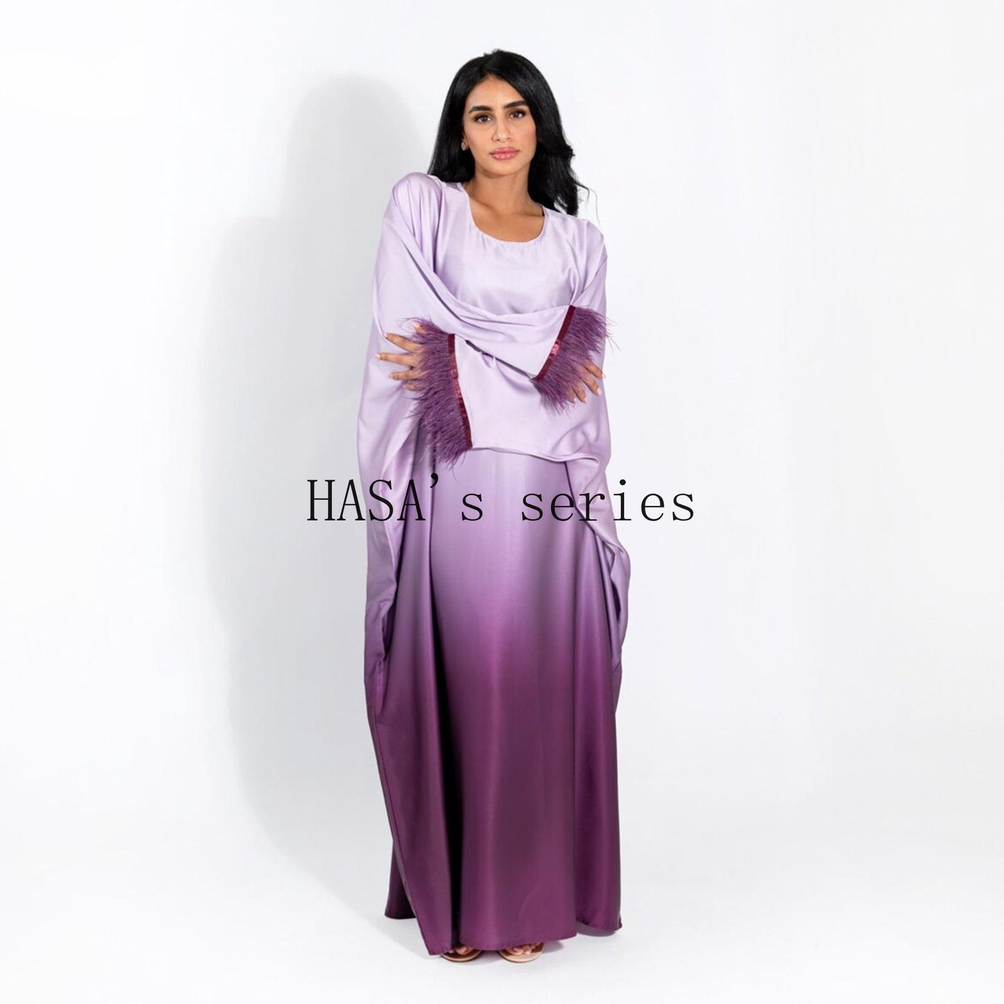 HS5111 Gradient-colored Fringed Long Dress, Romantic Dress with Batwing Sleeves.