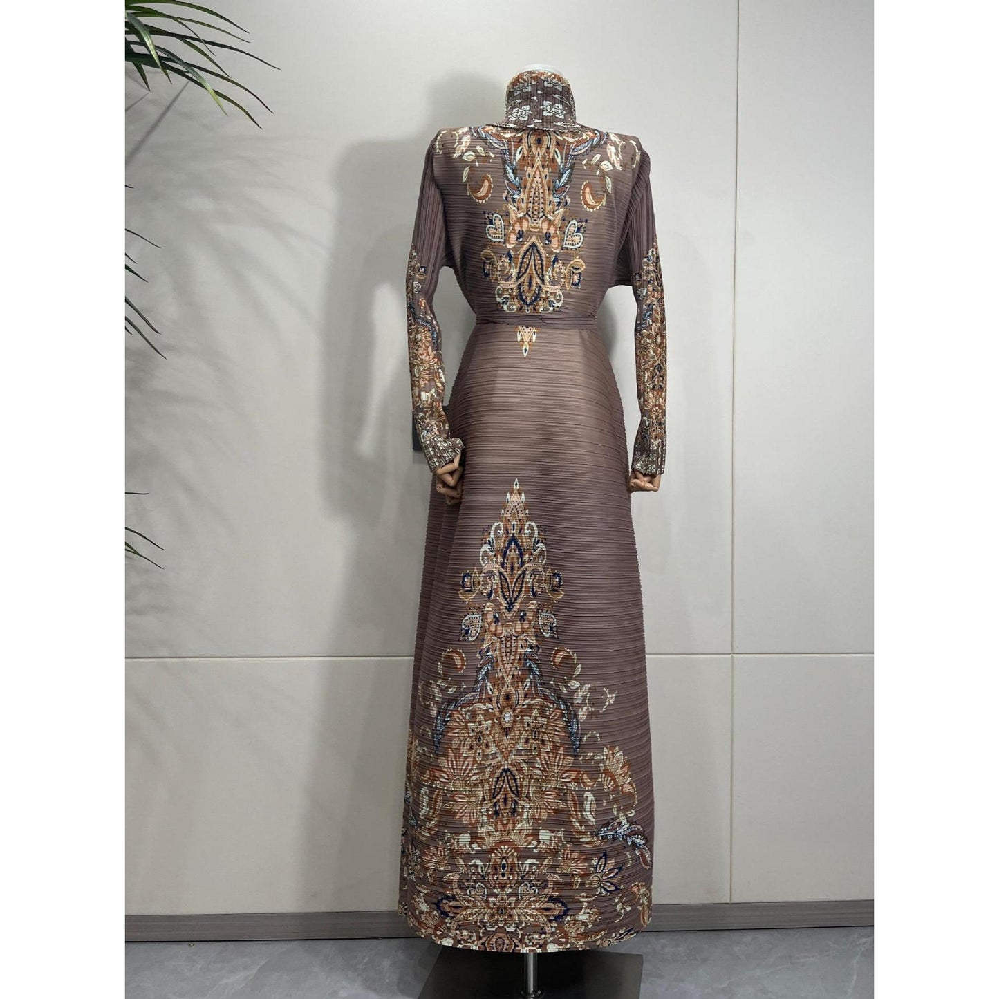 HS6715 Timeless Taupe  Elevated Abaya with Luxurious Patterned Details