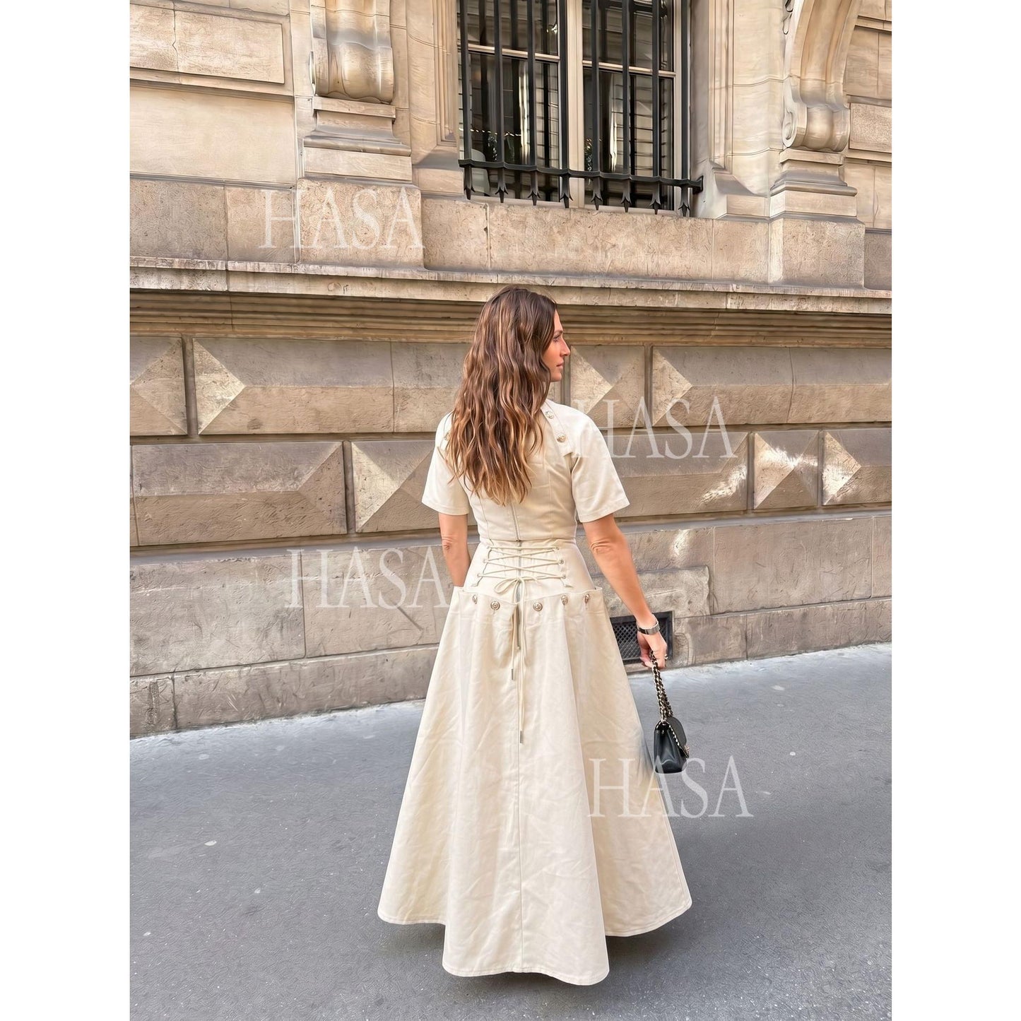 HASA HS6786 Luxury Look Dark Wash Denim Crop Top and Long Skirt Outfit