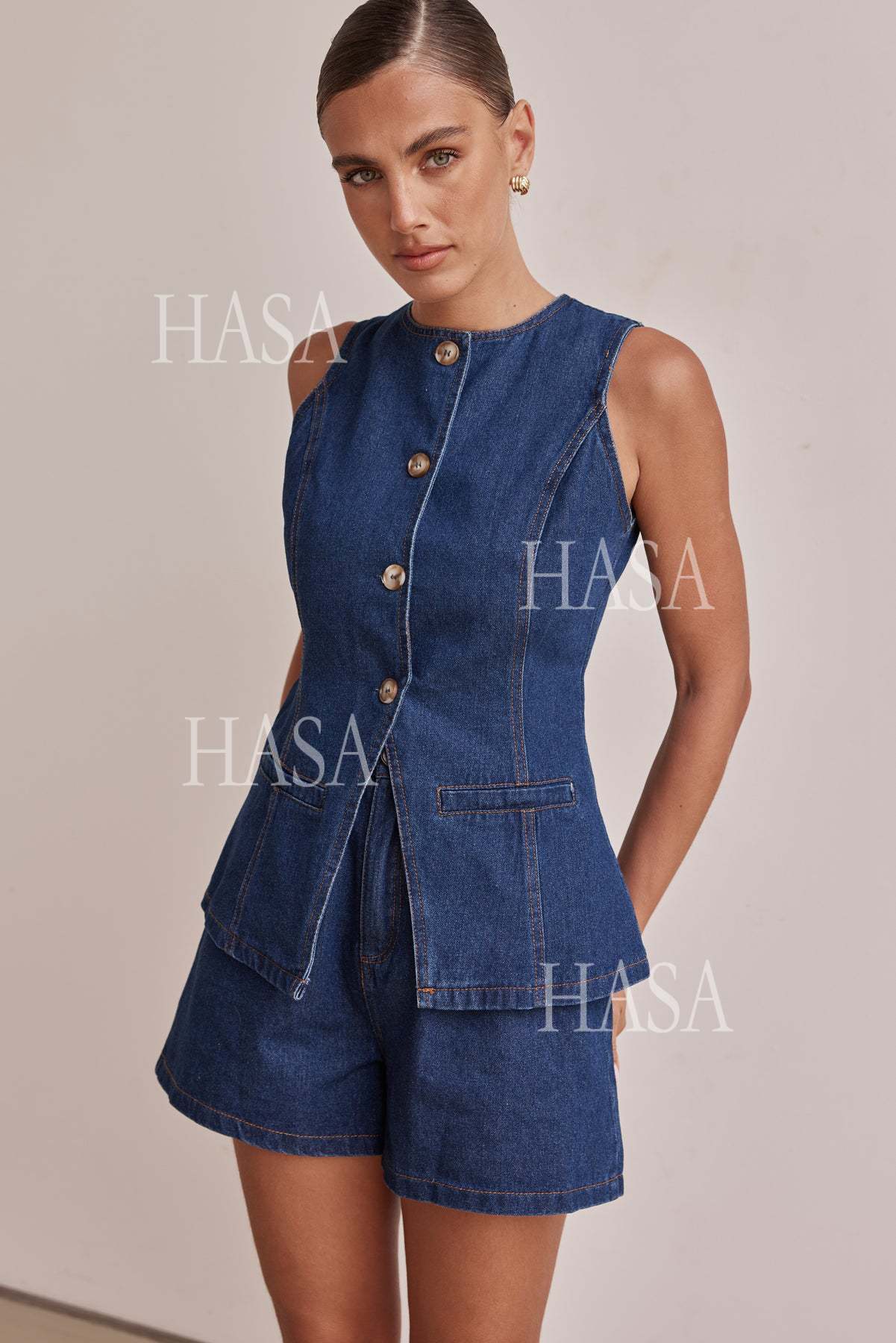HASA HS6097 Women’s Button Front Denim Top with Matching Shorts