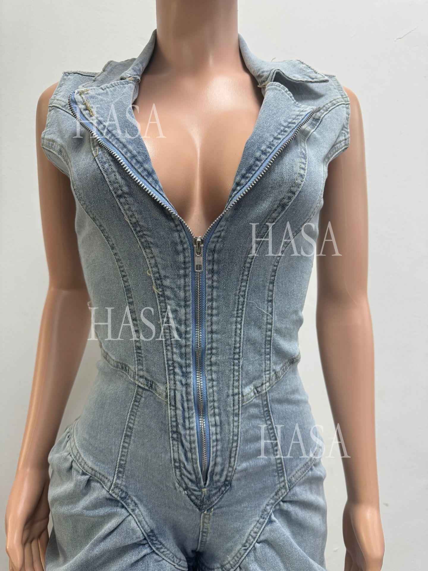 HASA HS6296 Bold Collared Denim Romper with Flattering Waist Detail