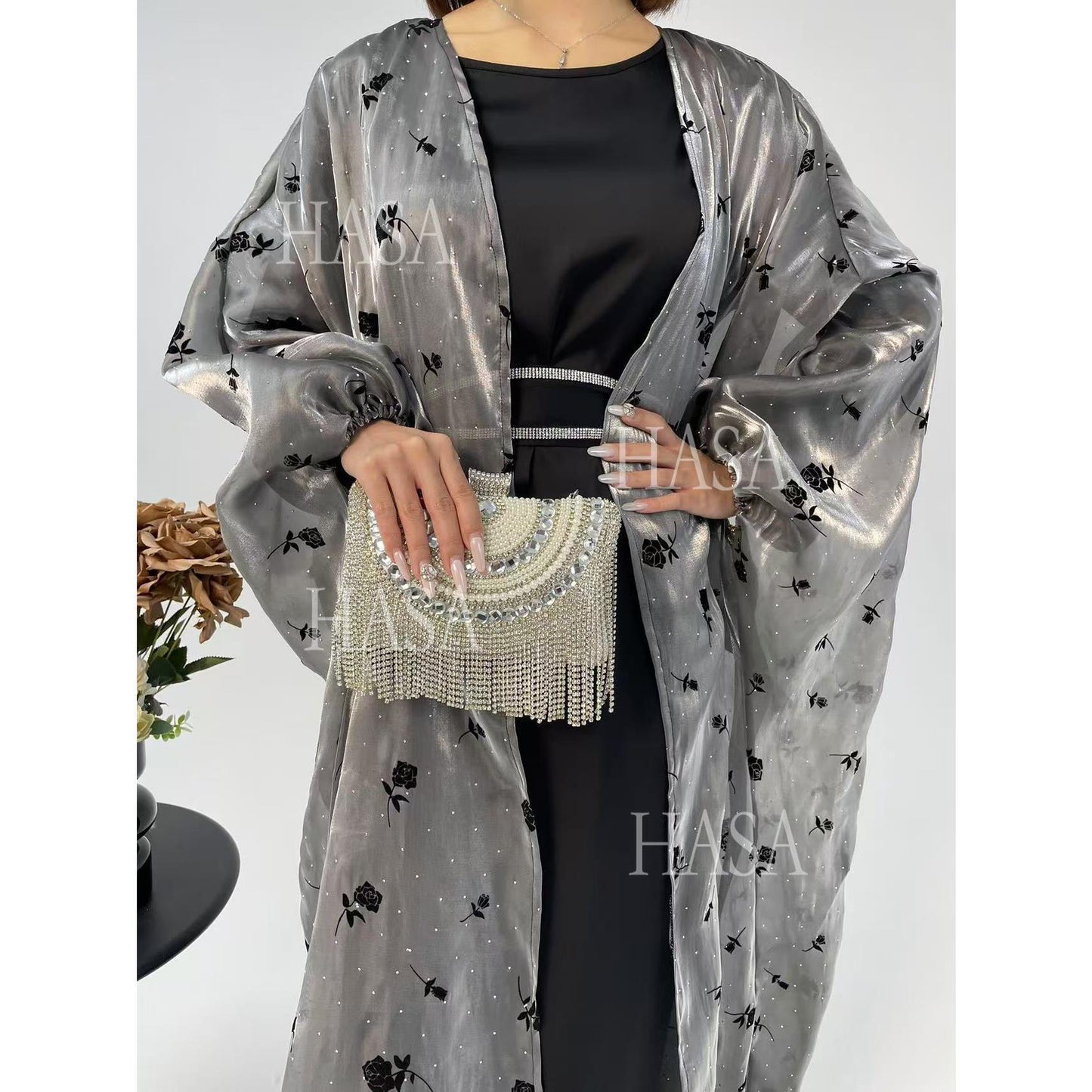 HS6536 Elegant Rose Pattern Abaya Outer Dress Set