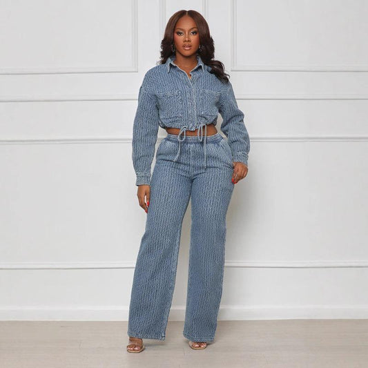 HS6303 Fashion, Long Sleeve Pants, Denim Women's Two-piece Set