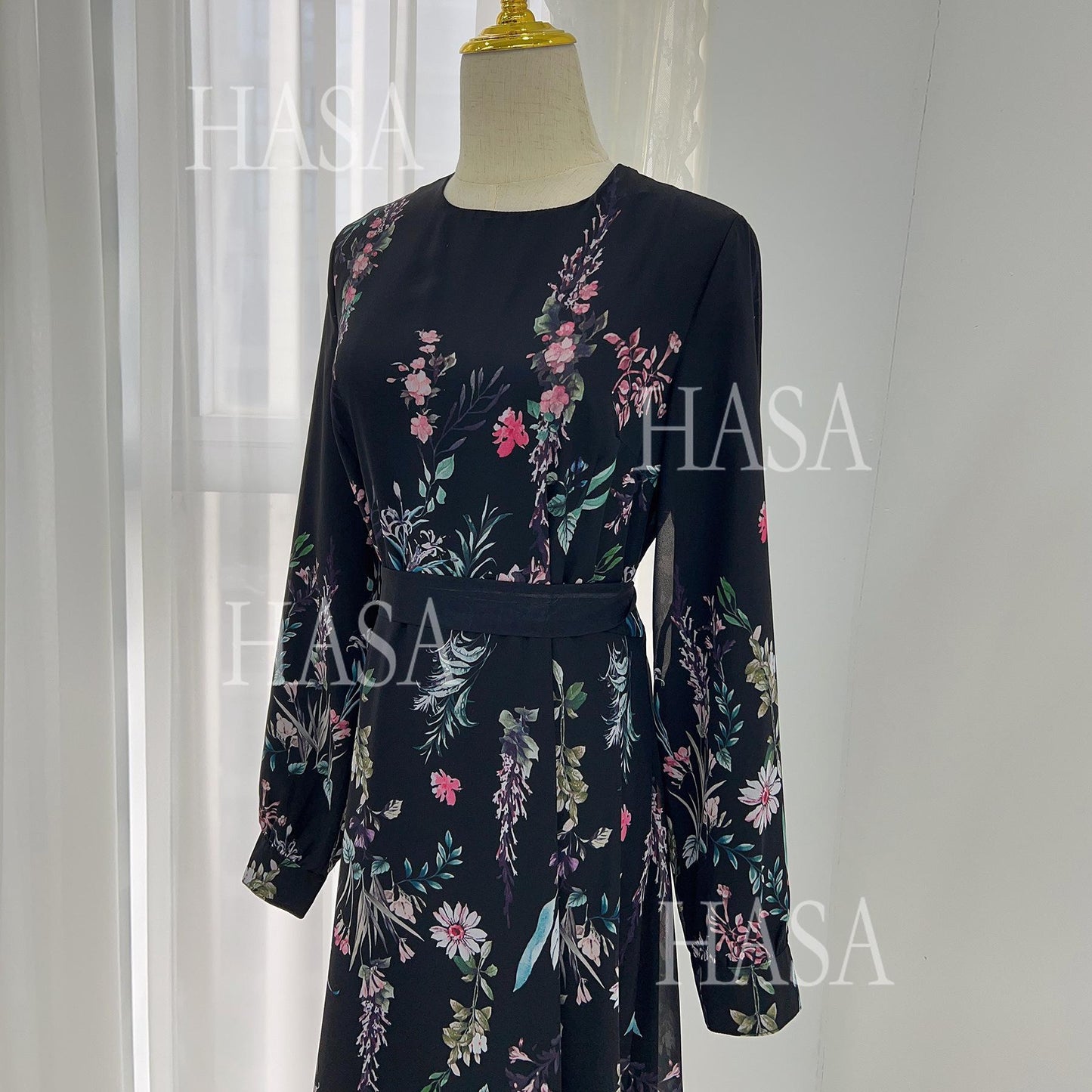 HS6531 Chiffon Printed Ankle-Length Maxi Dress with Long Sleeves