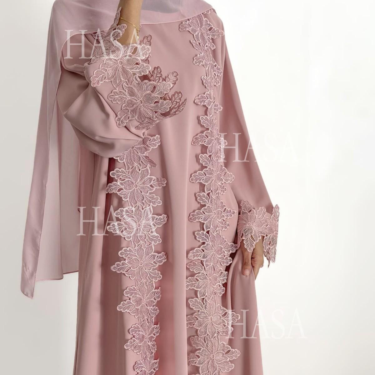 HASA HS6780 Chic Floral Embroidered Open Abaya Two Piece Outfit