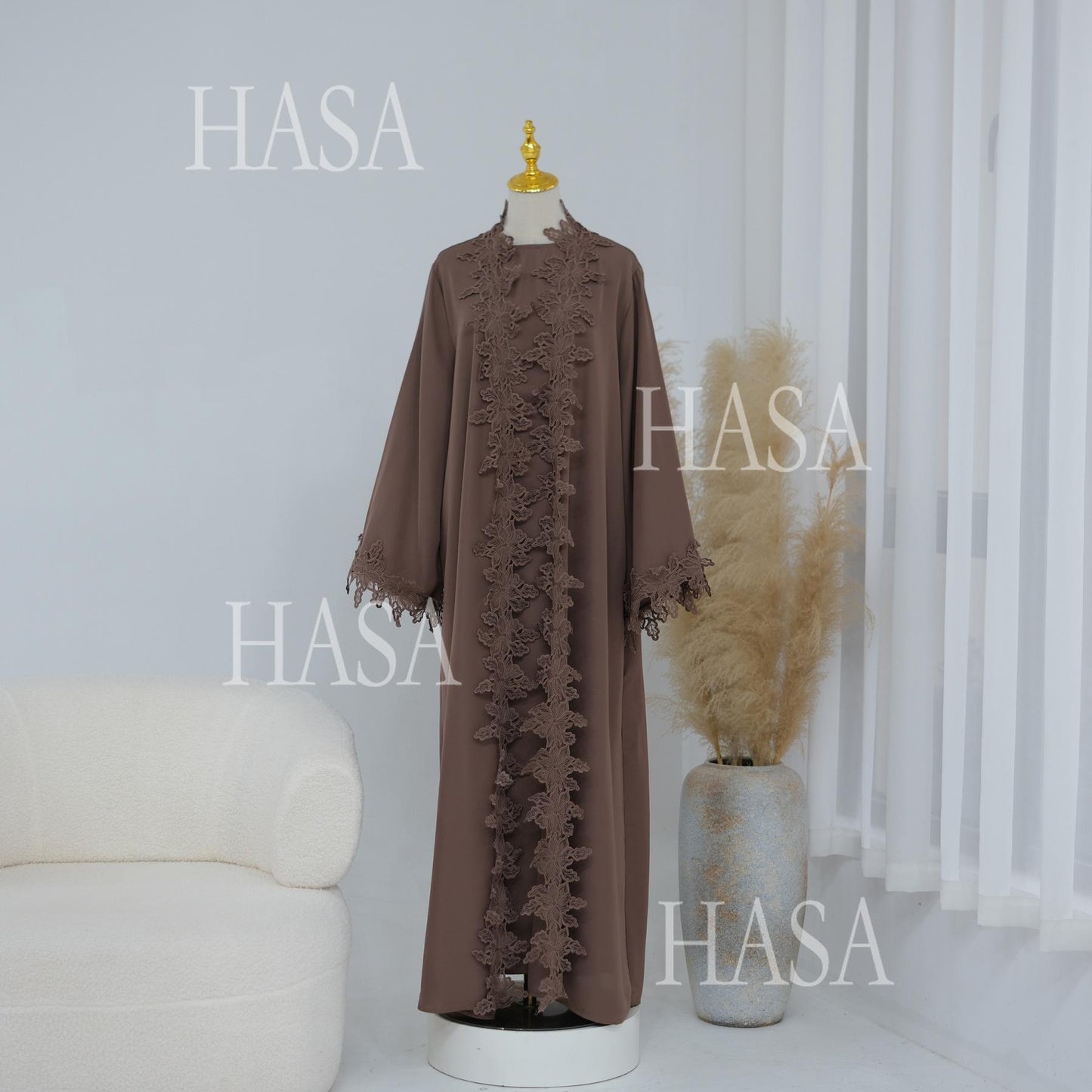 HASA HS6780 Chic Floral Embroidered Open Abaya Two Piece Outfit