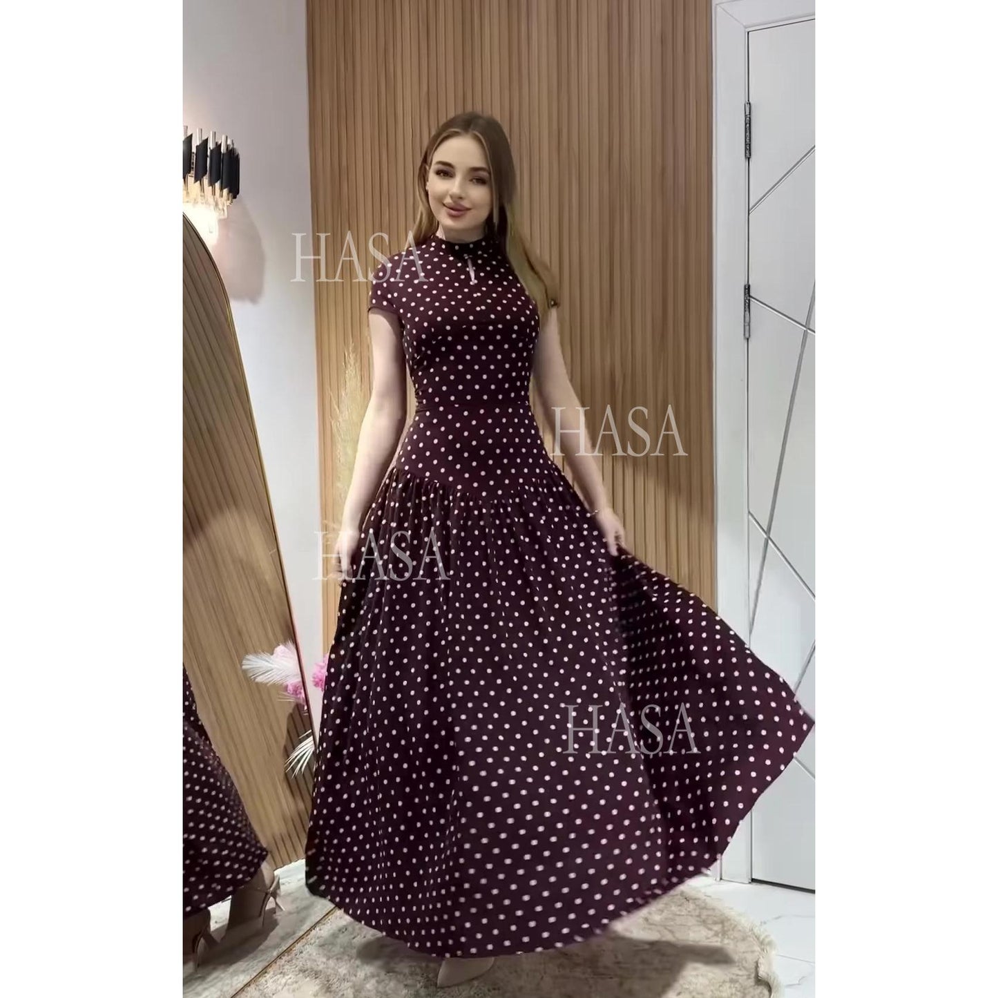 HS6740 Chic Polka Dot Long Dress High Neck Short Sleeve Waisted Maxi Dress
