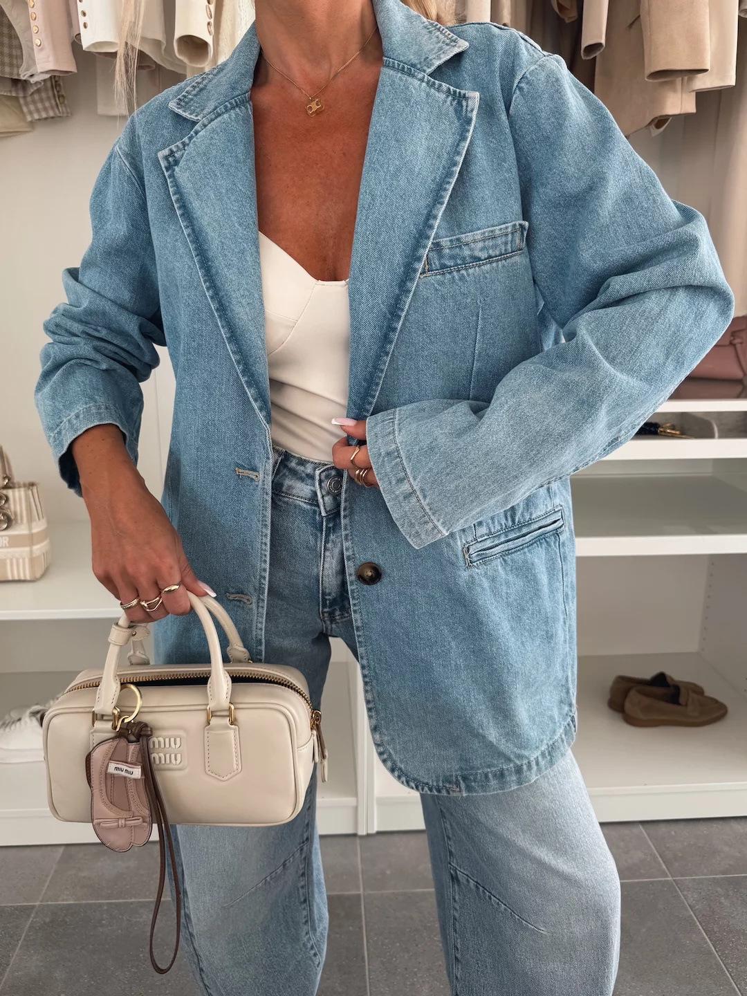 HS6181 Fashionable Casual Loose Washed Blue Denim Women's Blazer