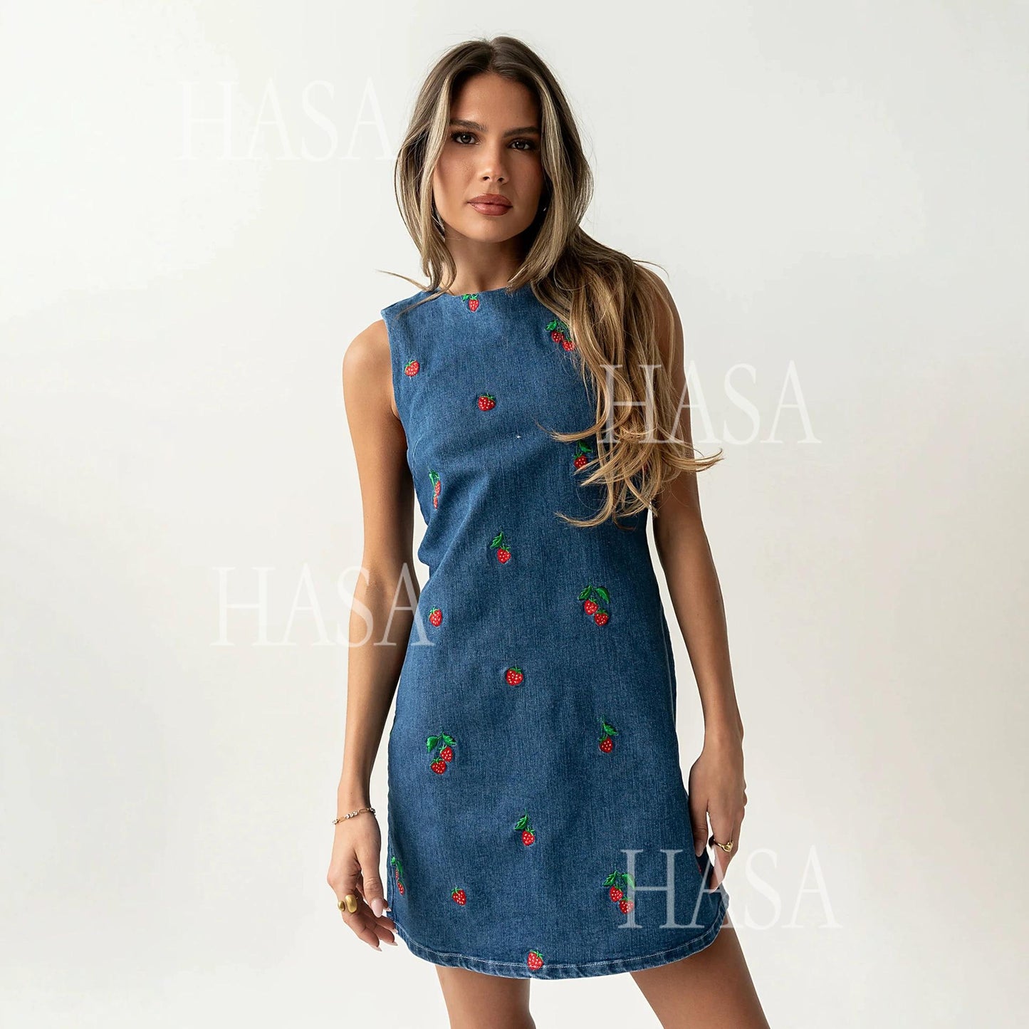 HASA HS6785 Sweet Strawberry Denim Mini Dress for Everyday Street Style
