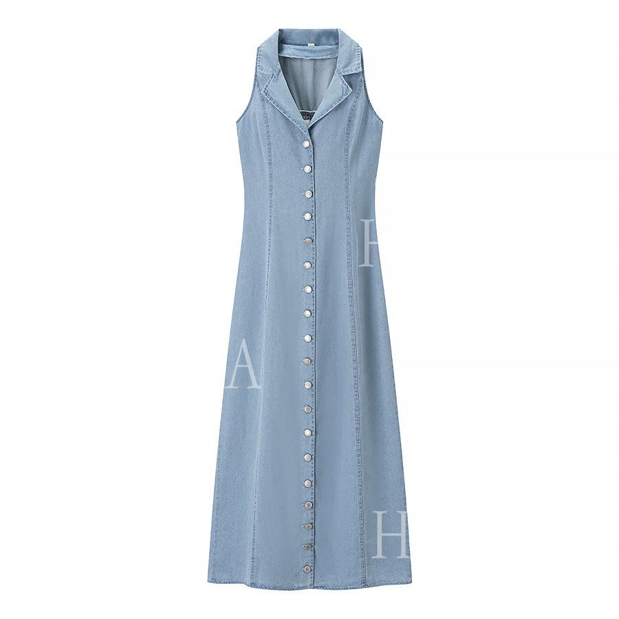 HASA HS6775 Elegant V Neck Button Front Denim Dress