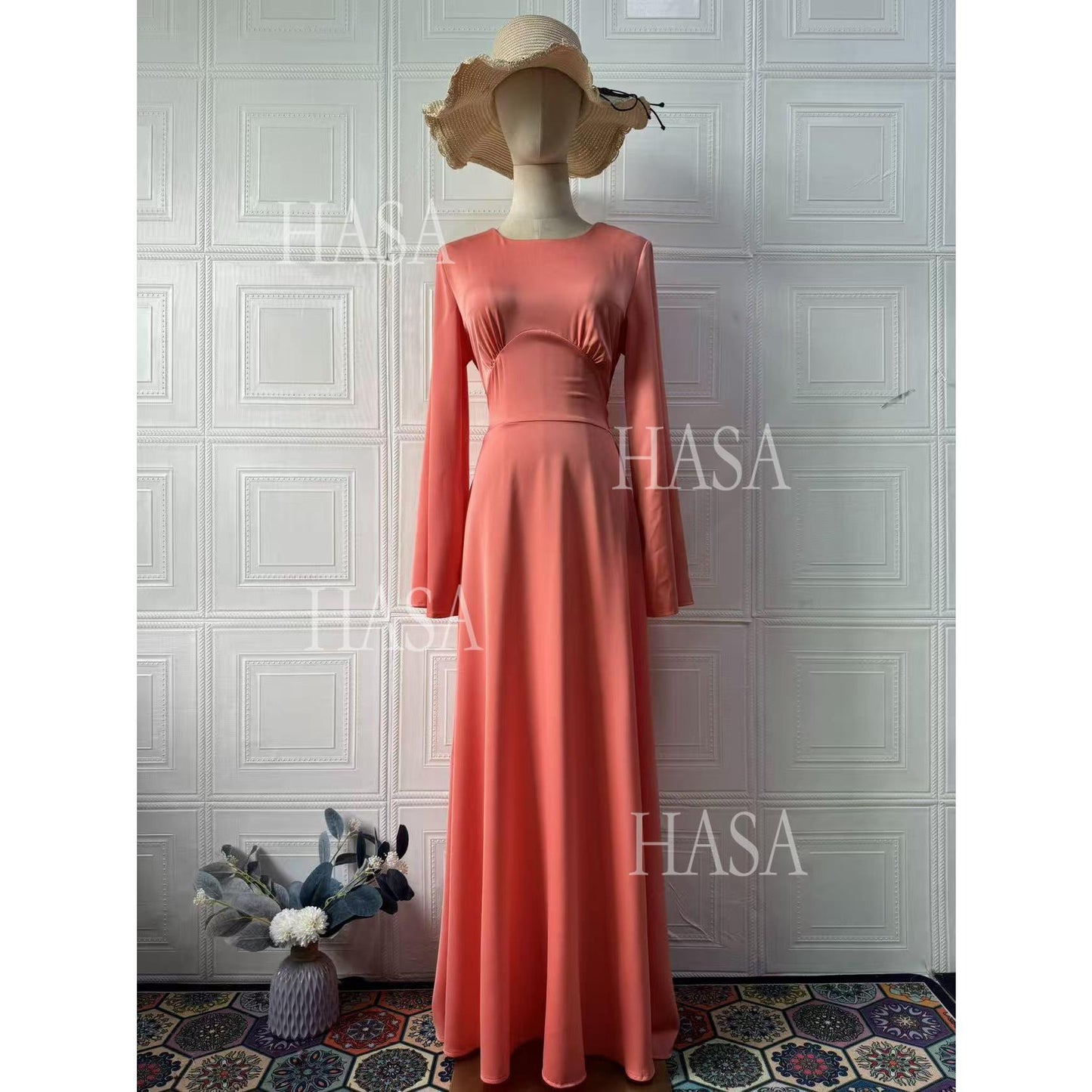 HASA HS6757 Classic Round Neck Flowy Maxi Dress