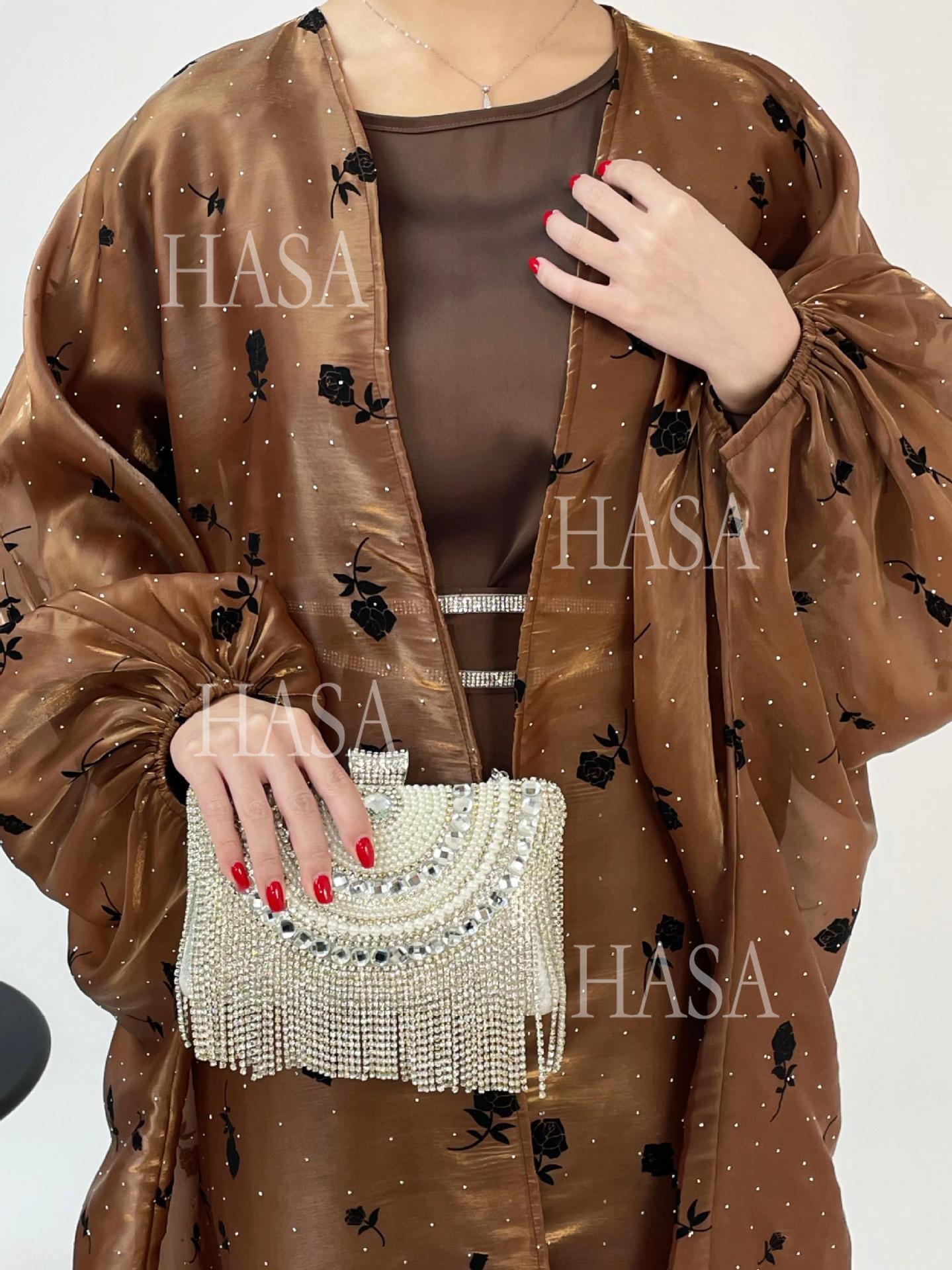 HS6536 Elegant Rose Pattern Abaya Outer Dress Set