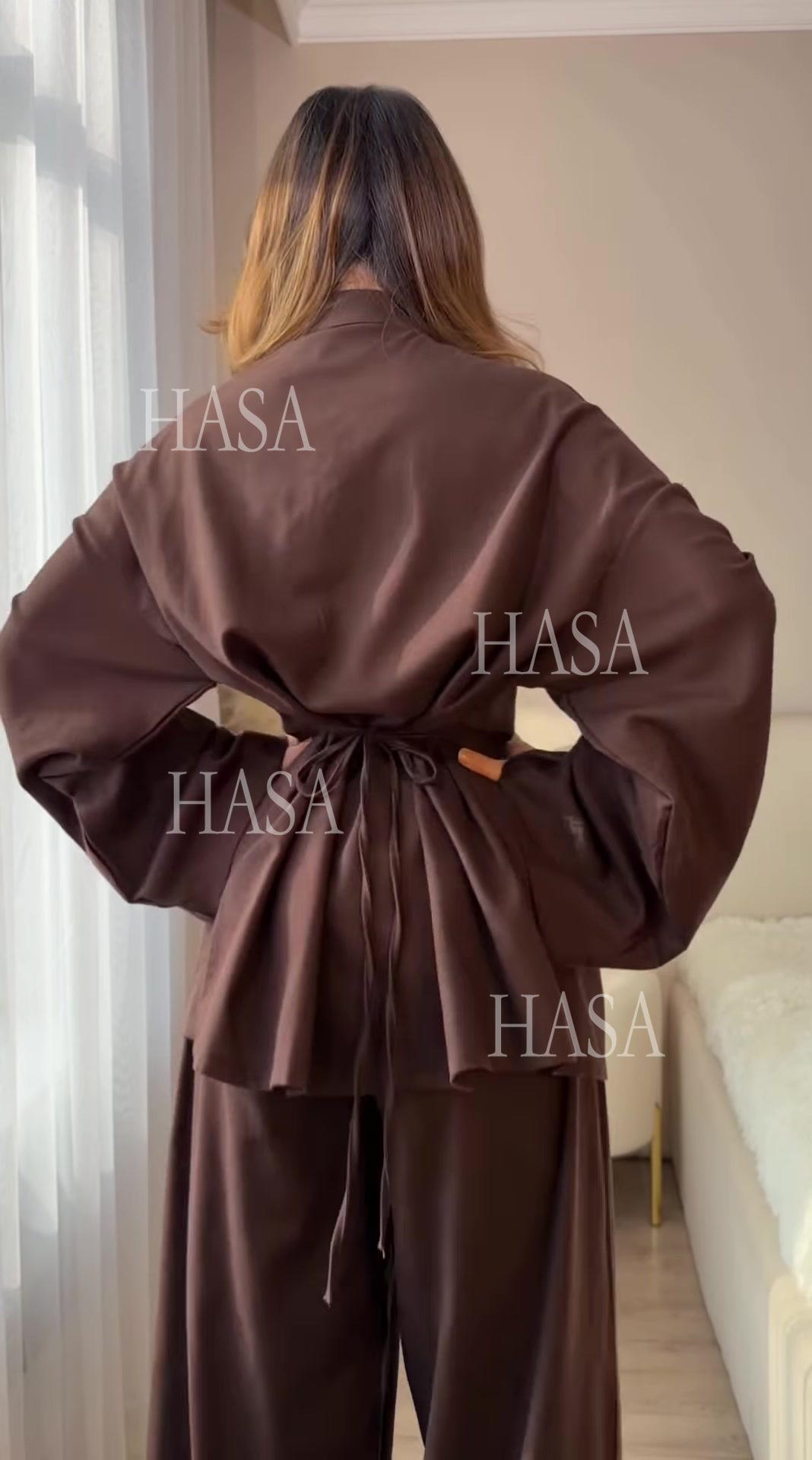 HS6738 Chic Long Sleeve Matching Set with Flowy Pants