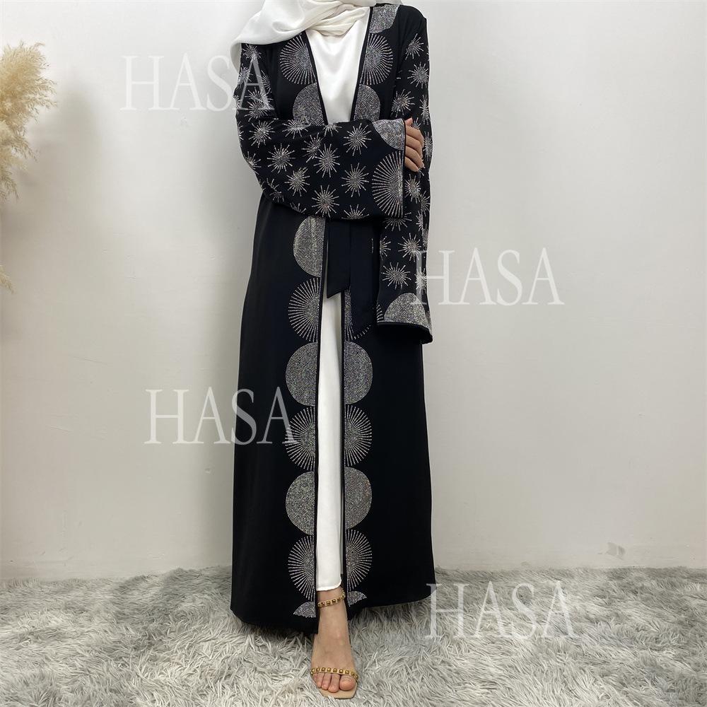 HS6588 Black Cardigan Dress with Rhinestone Embellishment and Pockets